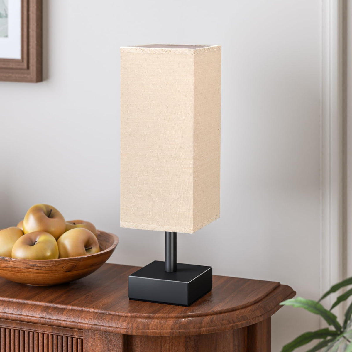 aooshine Small Bedside Table Lamp for Bedroom - Square Cream Fabric Shade | Inline Rocker Switch, Corded Electric, Bulb Not Included, 12.8" Mini Table Lamp for Nightstand, Desk, Dorm, Office