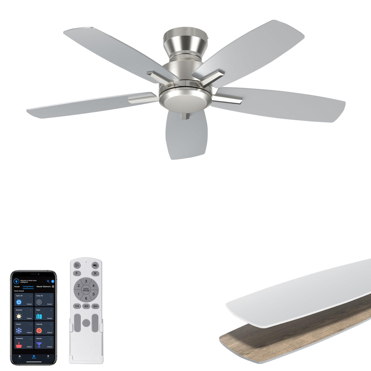 Ohniyou 52'' Low Profile Ceiling Fan with Lights, Remote/APP Control, Black | Flush Mount, Dimmable 3CCT LED, Quiet Reversible DC Motor; Memory Function, 4580 CFM, for Indoor Bedroom Living Room