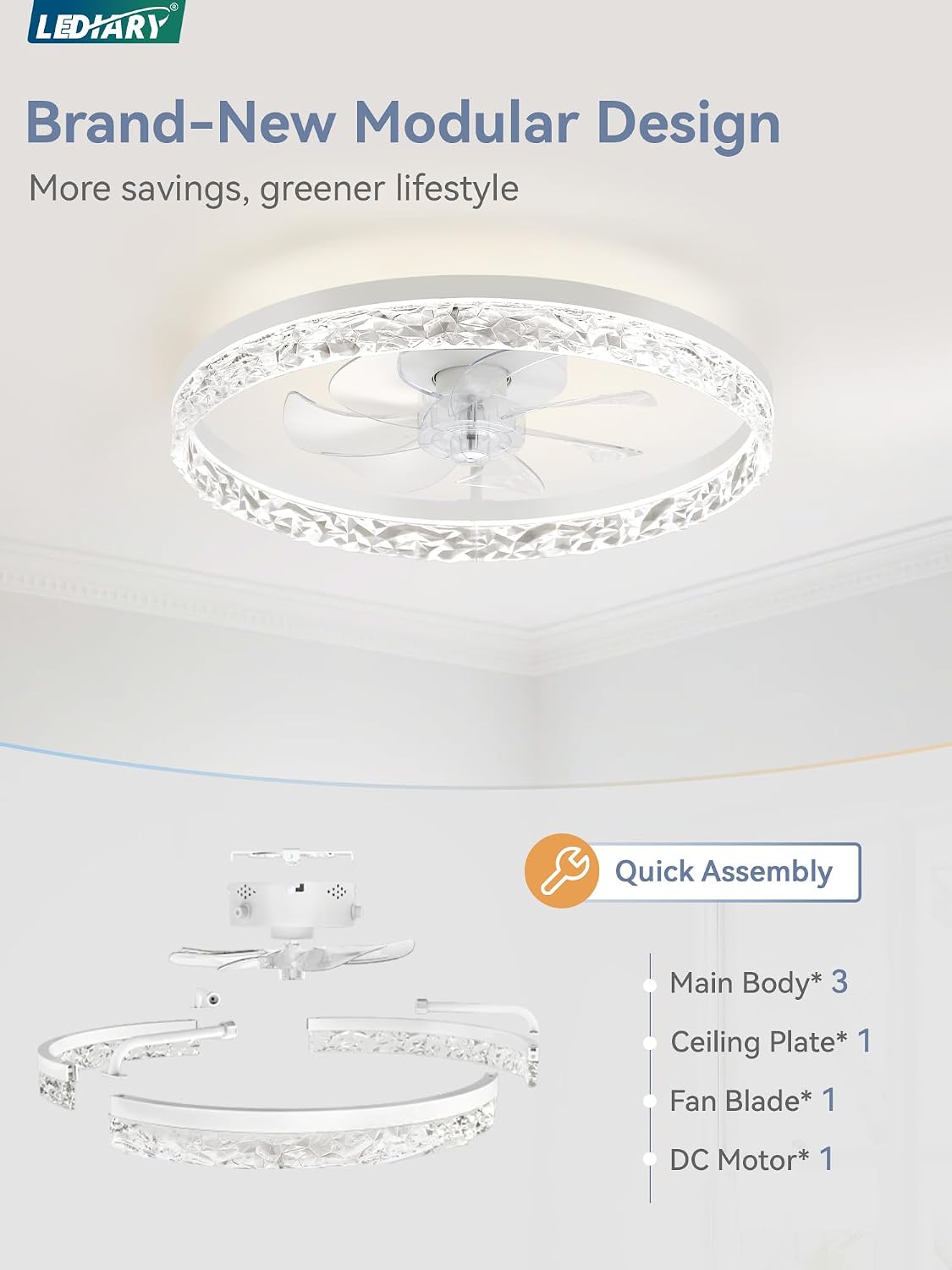 LEDIARY 20" Modern Ceiling Fans with Lights and Remote, White Fandelier | Dimmable Low Profile, Flush Mount Ceiling Fan, Stepless Color Temperature Change, 6 Speeds, Bedroom, Living Room, Kitchen