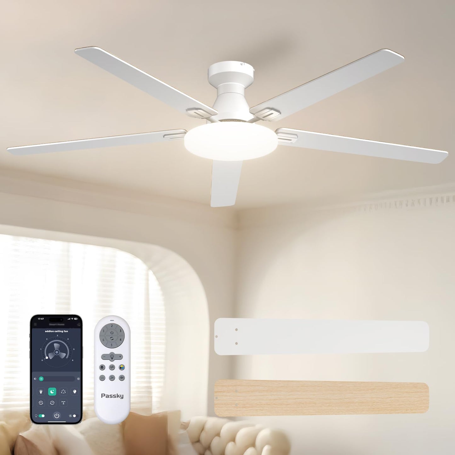 Passky 52 Inch Black Low Profile Ceiling Fans with Lights and Remote | Flush mount, 3-color dimmable light, quiet reversible DC motor, easy install, memory, APP, bedroom, covered outdoor areas