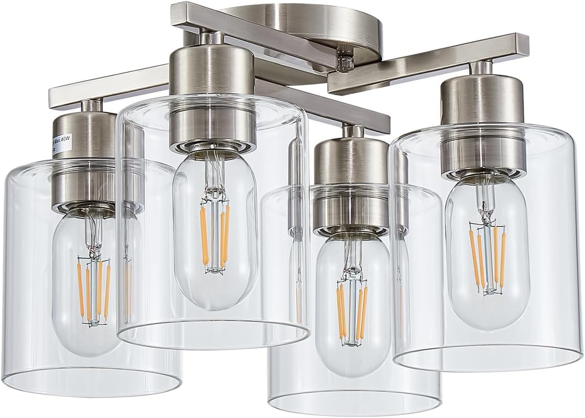 Semi Flush Mount Ceiling Light Kitchen Lighting Fixtures Ceiling Brushed Nickel Kitchen Cieling Light Fixtures with Clear Glass Shade for Dining Room Bedroom Living Room Hallway E26 Scoket