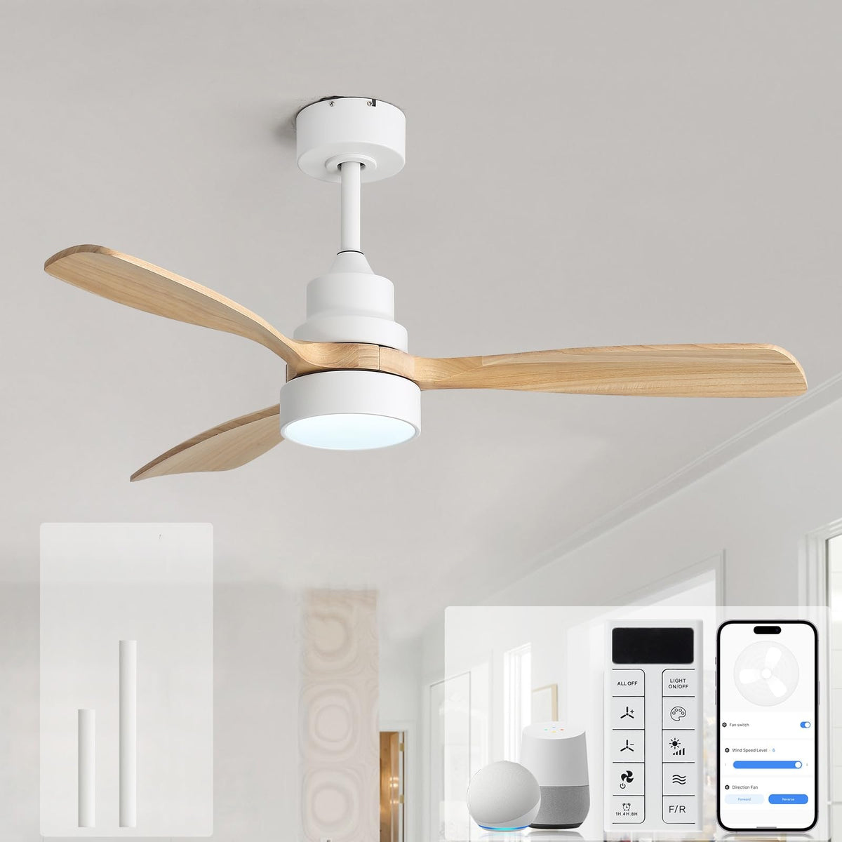 Sofucor 52 Inch Wood Ceiling Fans with Lights and Remote, Indoor/Outdoor | Modern, 3 Blade, Quiet Reversible DC Motor, 3CCT Dimmable, 6 Speeds, Timer, Bedroom/Living Room/Patio/Kitchen, Natural Wood