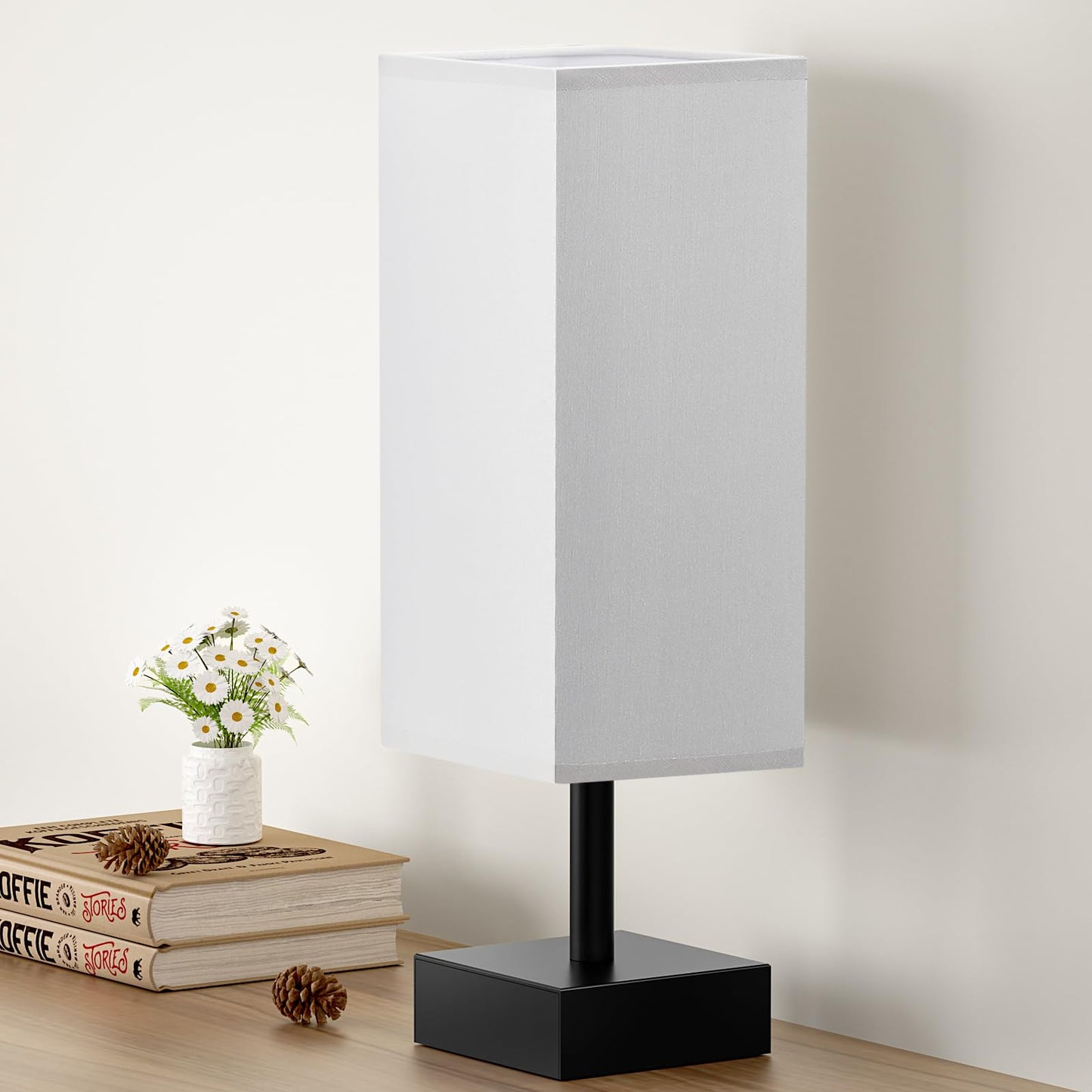 aooshine Small Bedside Table Lamp for Bedroom - Square Cream Fabric Shade | Inline Rocker Switch, Corded Electric, Bulb Not Included, 12.8" Mini Table Lamp for Nightstand, Desk, Dorm, Office