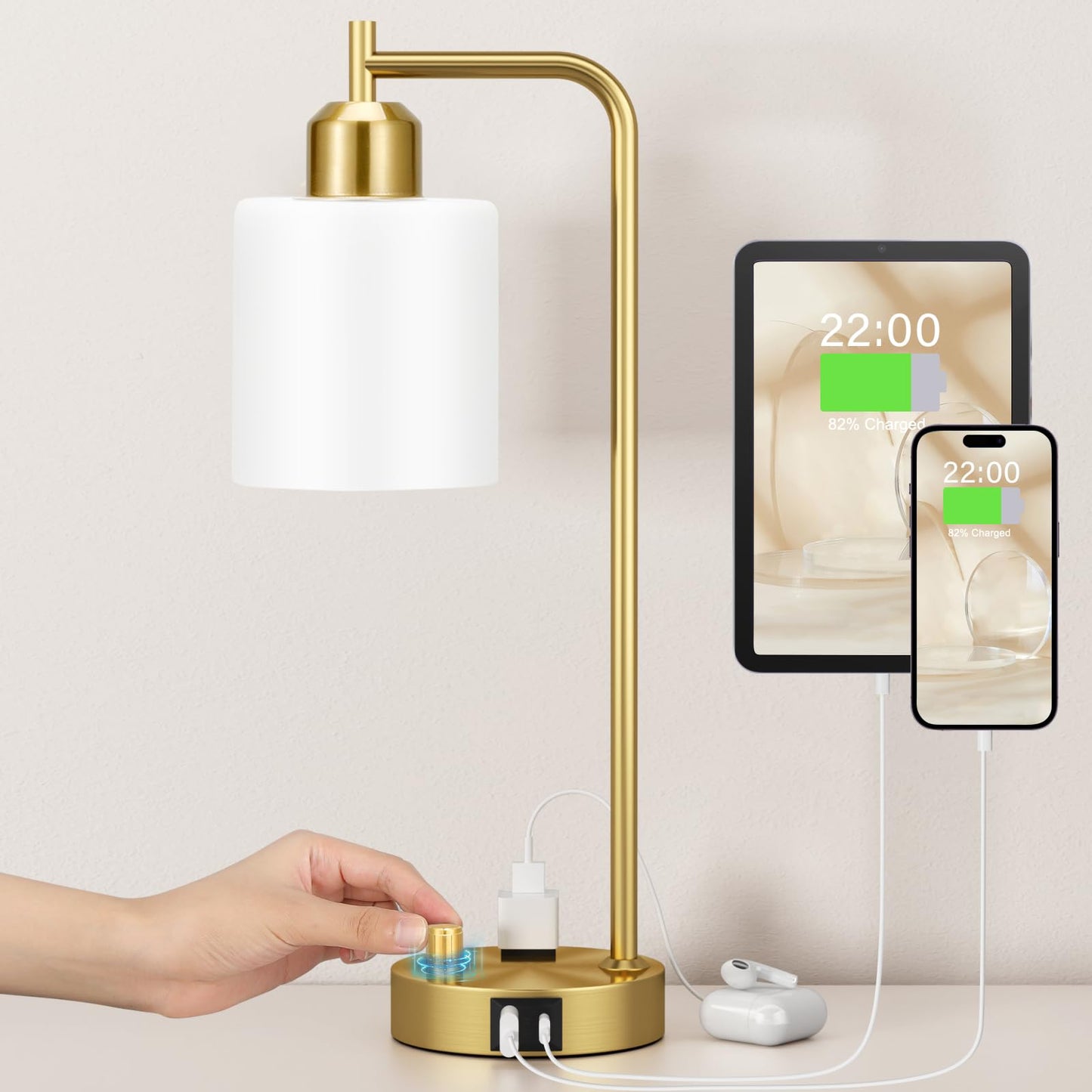 Innqoo Gold Table Lamp for Bedroom - Industrial Bedside Lamp with USB Port and Outlet, Fully Dimmable Nightstand Lamp with Clear Glass Shade, Small Desk Lamps for Home Office