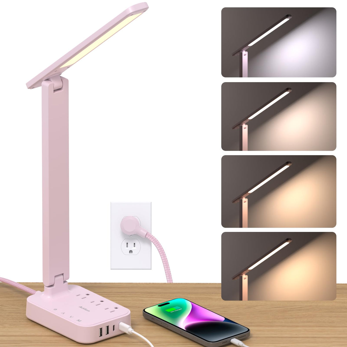 Addtam LED Desk Lamp, Power Strip with 3 Outlets 4 USB Charging Ports(2 USBC), 4 Modes 5 Level Brightness Touch Lamp, Small Desk Lamp for Home Office College Dorm Room Essentials