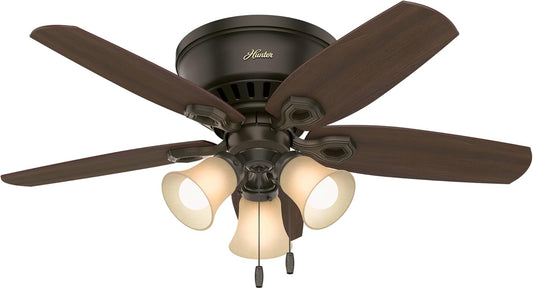 Hunter 42 inch Indoor Ceiling Fan with LED Lights - Bronze Ceiling Fan with Pull Chain, For Bedroom, Living Room, or Kitchen, Low Profile Flush Mount, No Remote, 5 Blades - Builder 51091, New Bronze | Low Profile Flush Mount, Pull Chain, 5 Blades, For Bed