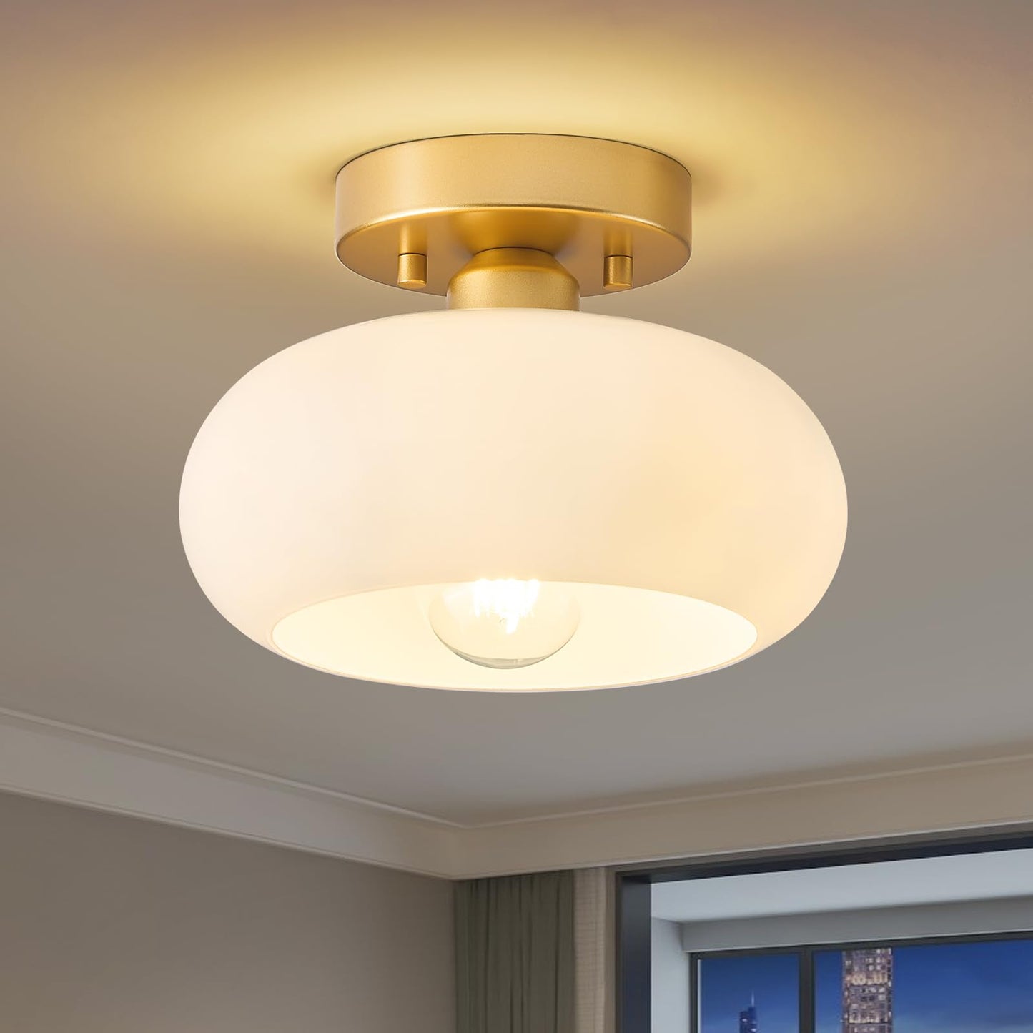 WOKNOS Mid-Century Modern Gold Semi Flush Ceiling Light 11.0 Inch | Small White Glass Shade Close to Ceiling Lighting Fixture For Kitchen Entryway Hallway Bathroom Closet Bedroom Laundry Room