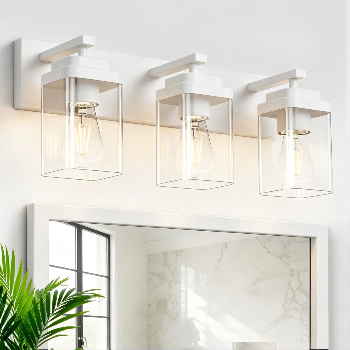 Black Bathroom Light Fixtures, 3 Lights Bathroom Lighting Fixtures Over Mirror, Square Design & Rectangle Large Backplate, Modern Vanity Lighting Fixtures, for Bathroom/Living Room/Bedroom