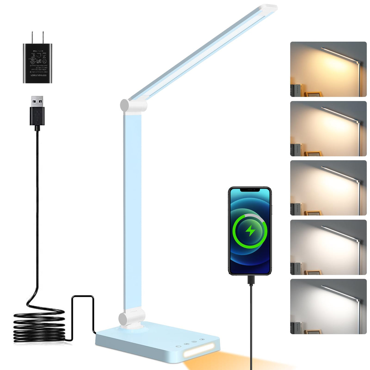 LED Desk Lamp with USB Ports,Touch Desk Lamps for Home Office with 5 Modes | 3 Brightness Desk Light with Small Night Light,Reading Lamp Table Lamp for Bedroom Bedside Study Black （with adapter）