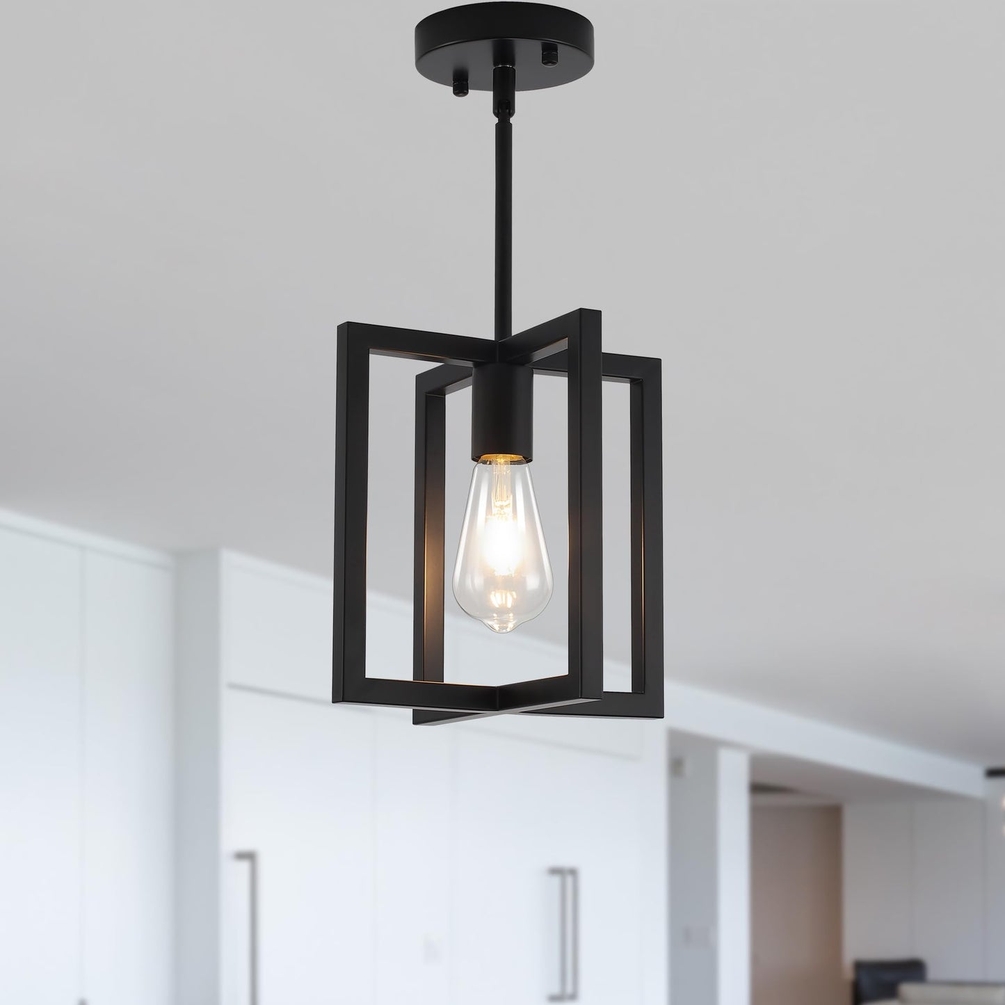 3-Light Ceiling Light Fixture, Black Semi-Flush Mount Chandelier with Geometric Metal Shade, Farmhouse Industrial Lighting for Kitchen Living Room Bedroom Hallway Foyer, E26 Base