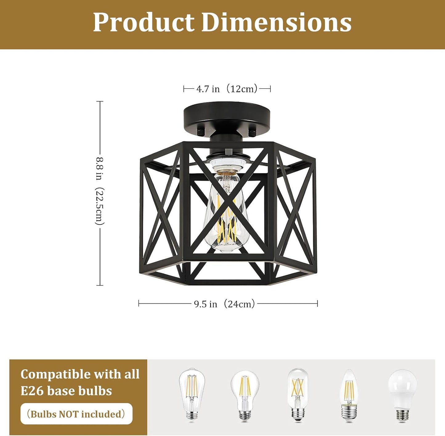 Modern Farmhouse Black Metal Semi Flush Mount Ceiling Light Fixture 9.5 in | Industrial Lighting Fixture,Hexagonal Close to Ceiling Lights for Kitchen, Hallway, Entryway, Bedroom,Foyer,Laundry Room