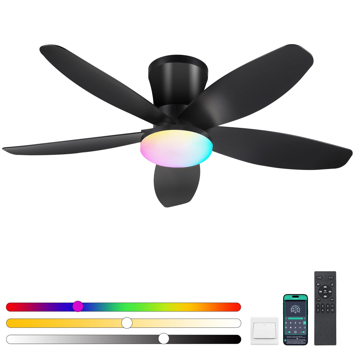 42" Ceiling Fans with Lights-Low Profile Ceiling Fan with Light and Remote Control,Flush Mount,DC Reversible,LED Dimmable Blakc Ceiling Fans for Bedroom,Indoor/Outdoor Patio Use