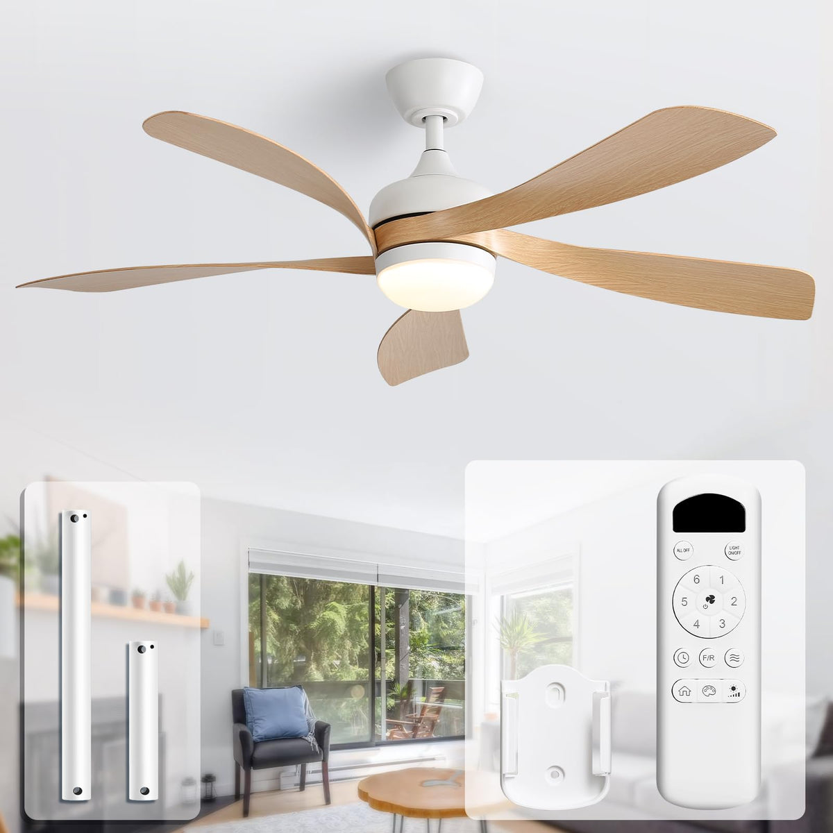 Sofucor 52 Inch Ceiling Fan with Light, 5 ABS Blades Brown | Remote Control Compatible, Reversible Quiet DC Motor, Timer, 6 Speeds, 3-CCT for Living Room Bedroom Patio Farmhouse