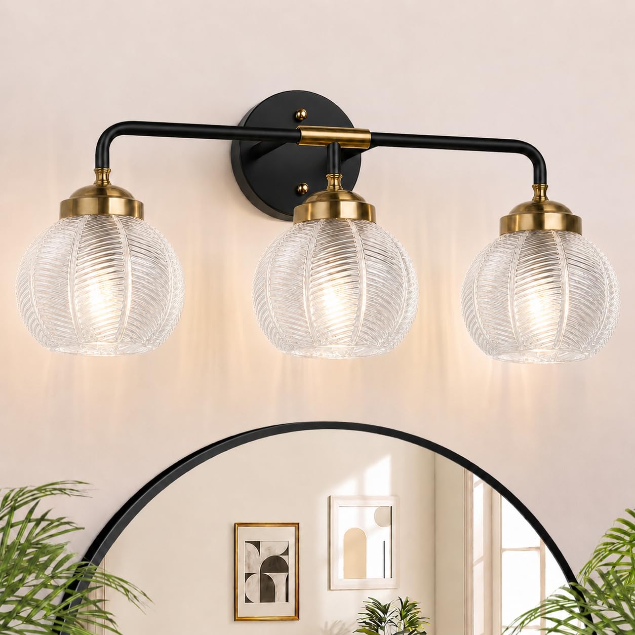 MOKATNG Bathroom Light Fixtures, 3-Light Green Vanity Lights with Unique Leaf Texture Glass Shade, Modern Matte Black and Gold Bathroom Wall Lamp for Mirror Hallway Cabinet Living Room