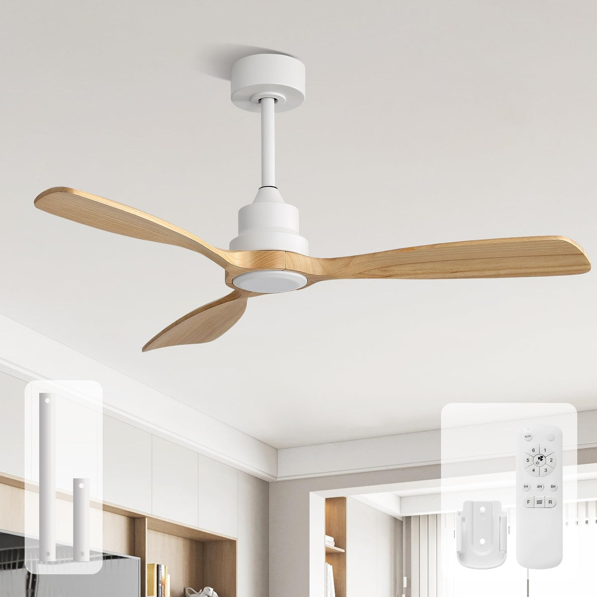 Sofucor 52 Inch Wood Ceiling Fans with Lights and Remote, Indoor/Outdoor | Modern, 3 Blade, Quiet Reversible DC Motor, 3CCT Dimmable, 6 Speeds, Timer, Bedroom/Living Room/Patio/Kitchen, Natural Wood