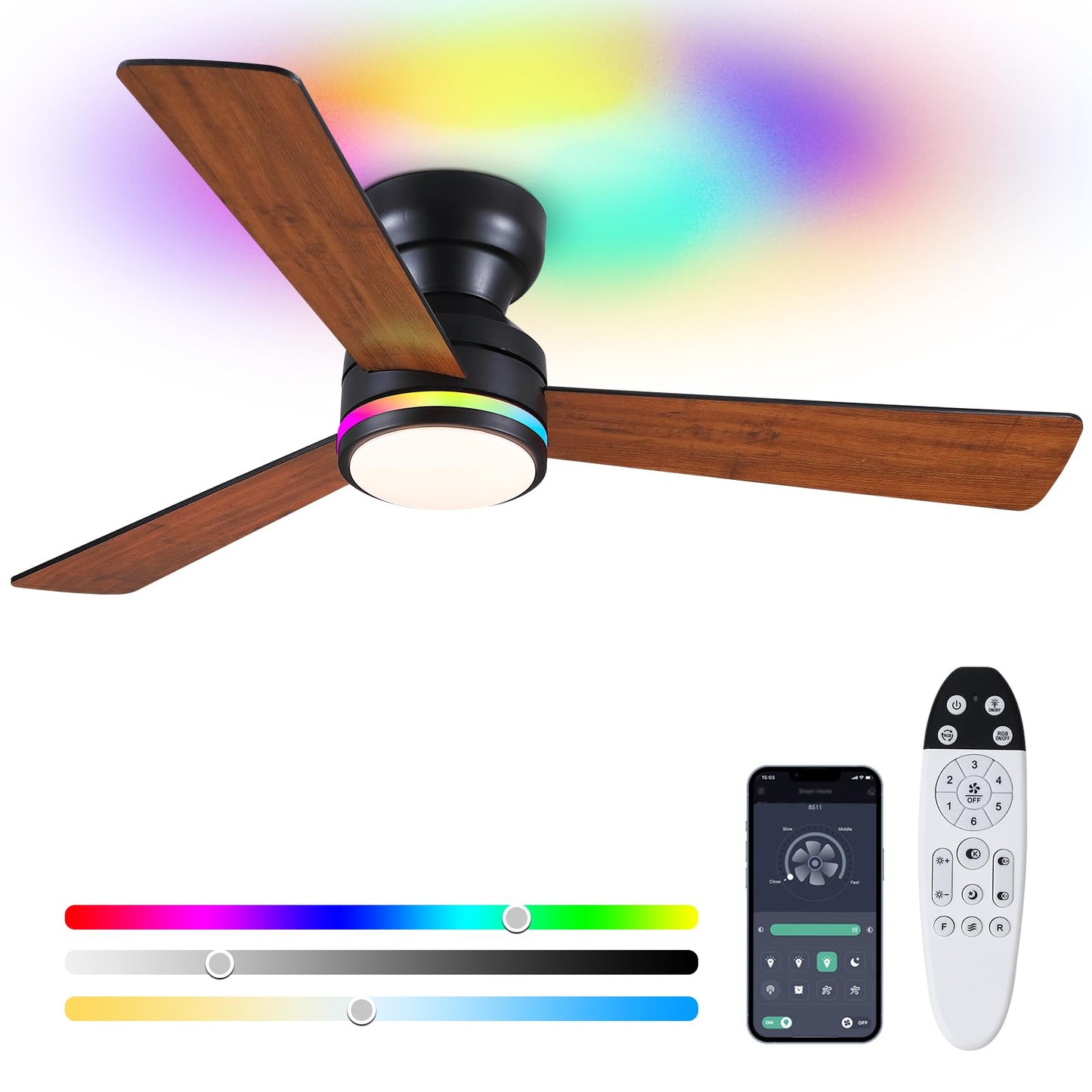 Asyko 46"Black 6-Blade Modern Low Profile Ceiling Fan with Light and Remote | 6 Double-Sided Blades,6 Wind Speeds, Reversible,Dimmable 3 CCT LED Light, 25W Quiet DC Motor,1/2H Timer,for Bedroom Kitchen
