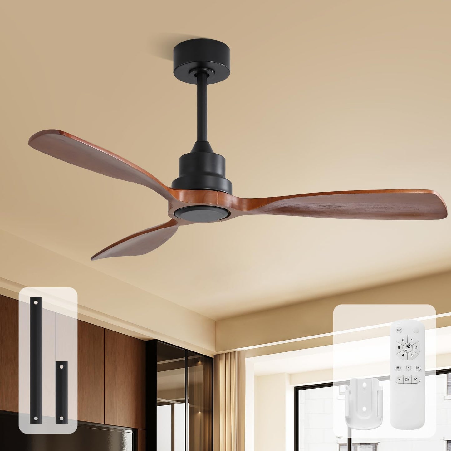 Sofucor 52 Inch Wood Ceiling Fans with Lights and Remote, Indoor/Outdoor | Modern, 3 Blade, Quiet Reversible DC Motor, 3CCT Dimmable, 6 Speeds, Timer, Bedroom/Living Room/Patio/Kitchen, Natural Wood