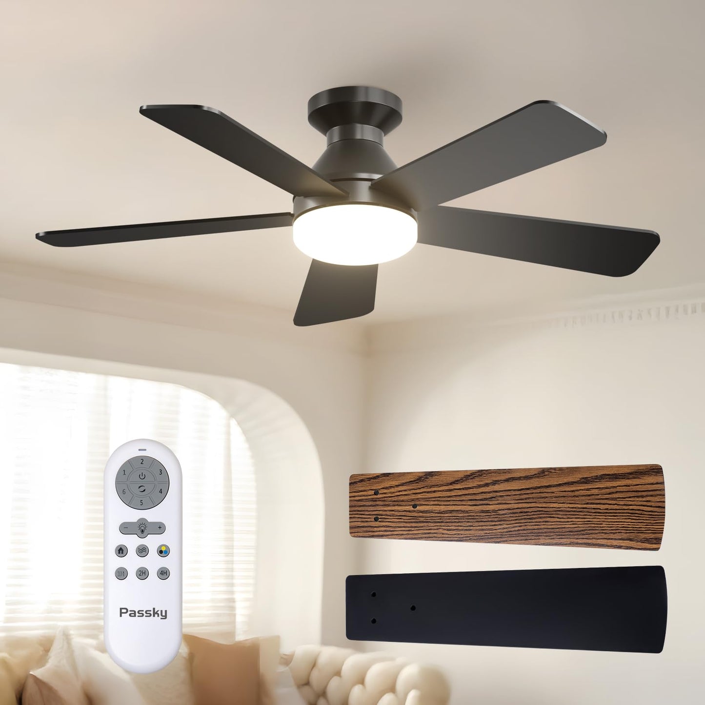 Passky 52 Inch Black Low Profile Ceiling Fans with Lights and Remote | Flush mount, 3-color dimmable light, quiet reversible DC motor, easy install, memory, APP, bedroom, covered outdoor areas