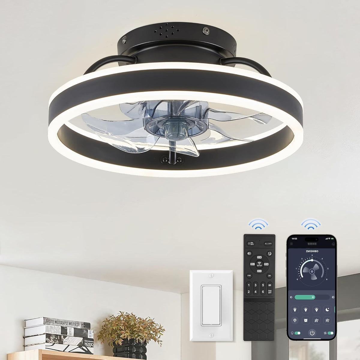 ZMISHIBO Low Profile 19.7'' Ceiling Fans with Lights and Remote, Black | 3000-6000K Dimmable LED Fandelier, Quiet DC Motor, Reversible Airflow, 6 Wind Speeds, Timer, Bedroom, Living Room, Kitchen