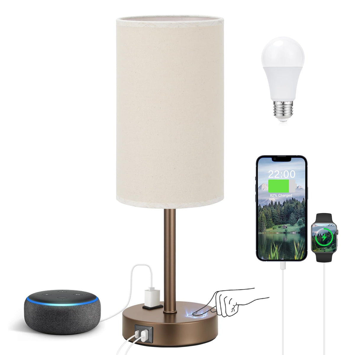 Bedside Table Lamp for Bedroom - Dimmable Touch, USB A+C, AC Outlet | 3-Way Dimmable, LED Bulb Included, Fabric Lampshade, Wood-Grain Metal Base, 14" Small Nightstand Lamp for Desk, Living Room