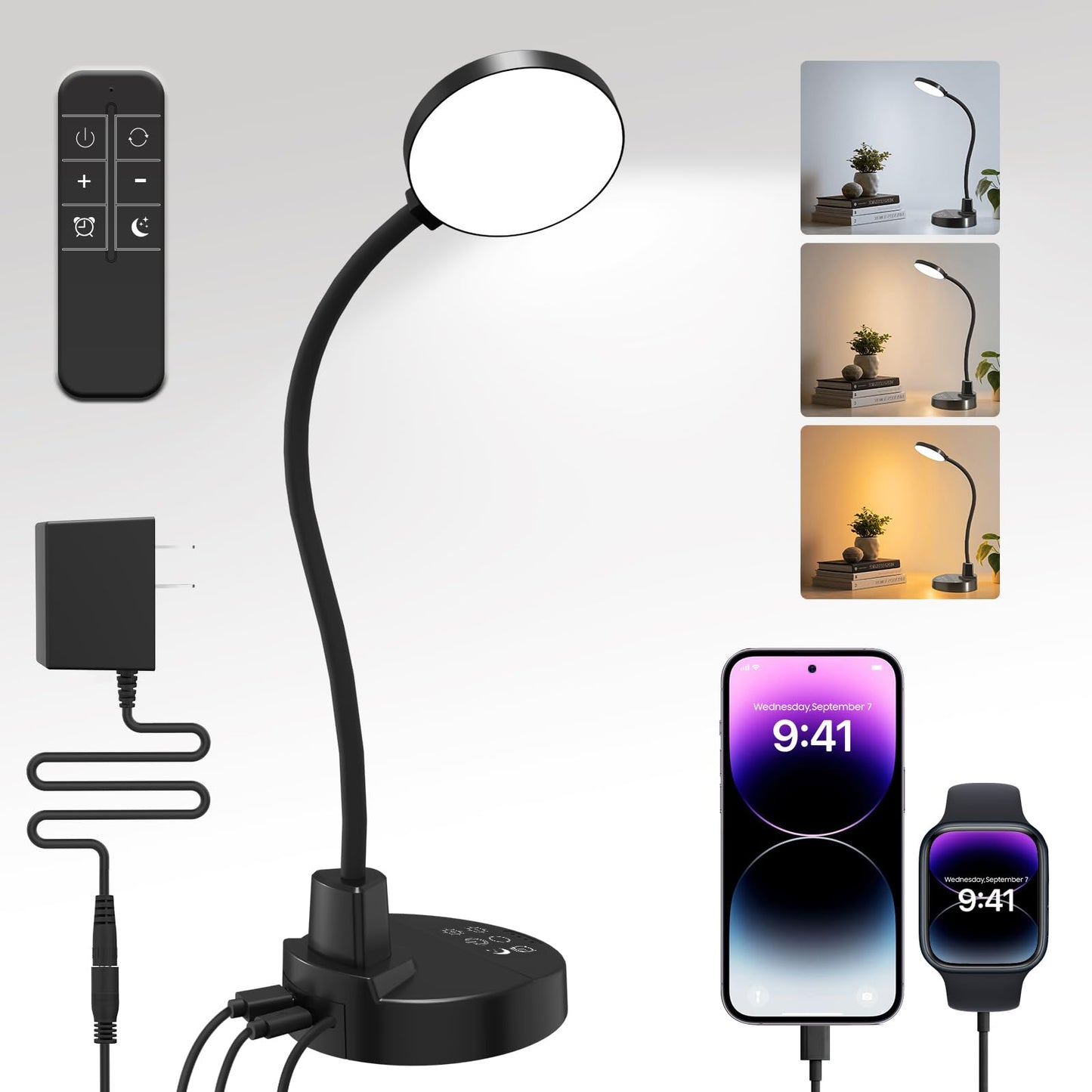 15W LED Desk Lamp with USB Charging Ports – Dimmable Table Lamp with 3 Color Temps, 5 Brightness, 4 Timers, Flexible Gooseneck Light with Base, Eye-Caring Reading Light for Home Office, Bedroom, Study