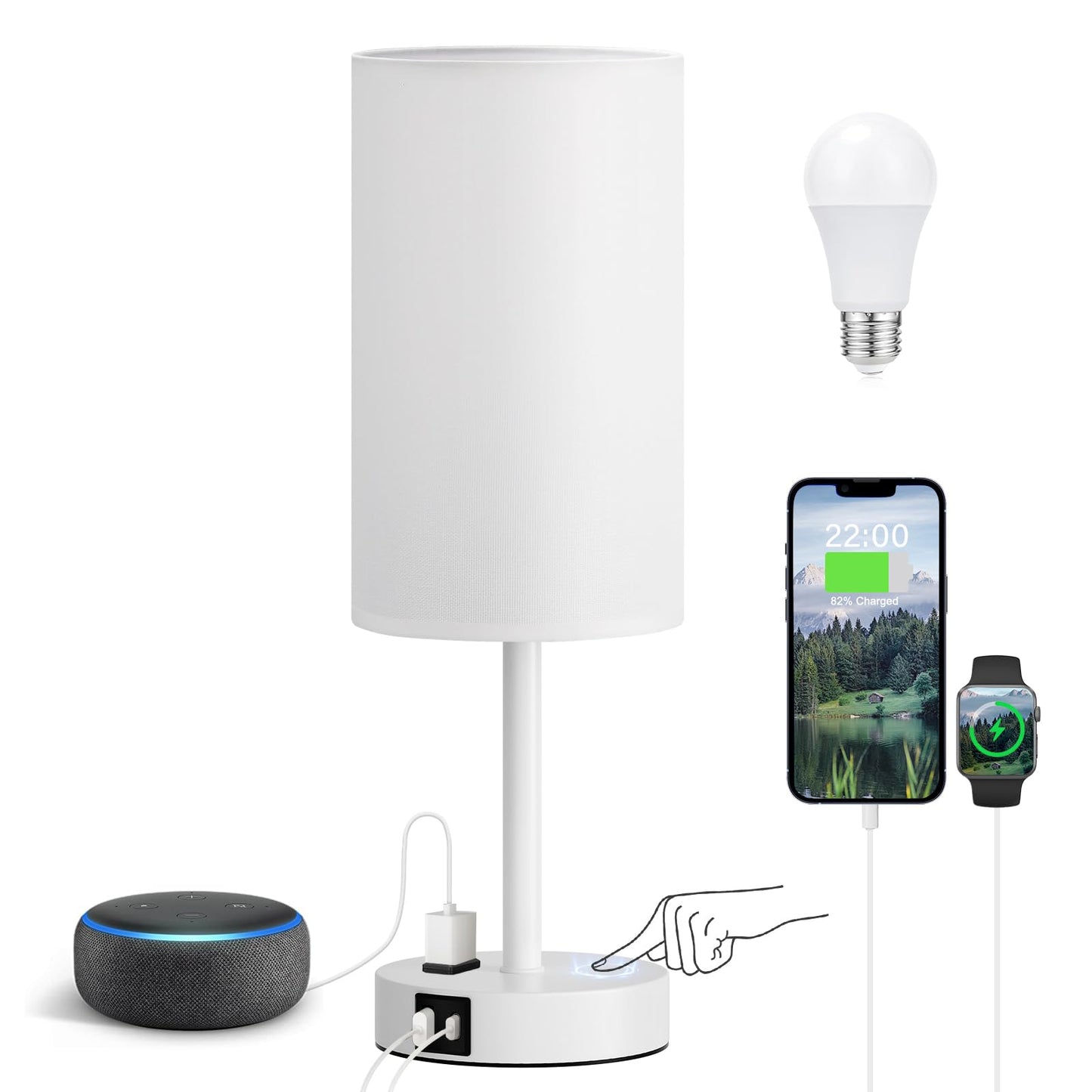 Bedside Table Lamp for Bedroom - Dimmable Touch, USB A+C, AC Outlet | 3-Way Dimmable, LED Bulb Included, Fabric Lampshade, Wood-Grain Metal Base, 14" Small Nightstand Lamp for Desk, Living Room