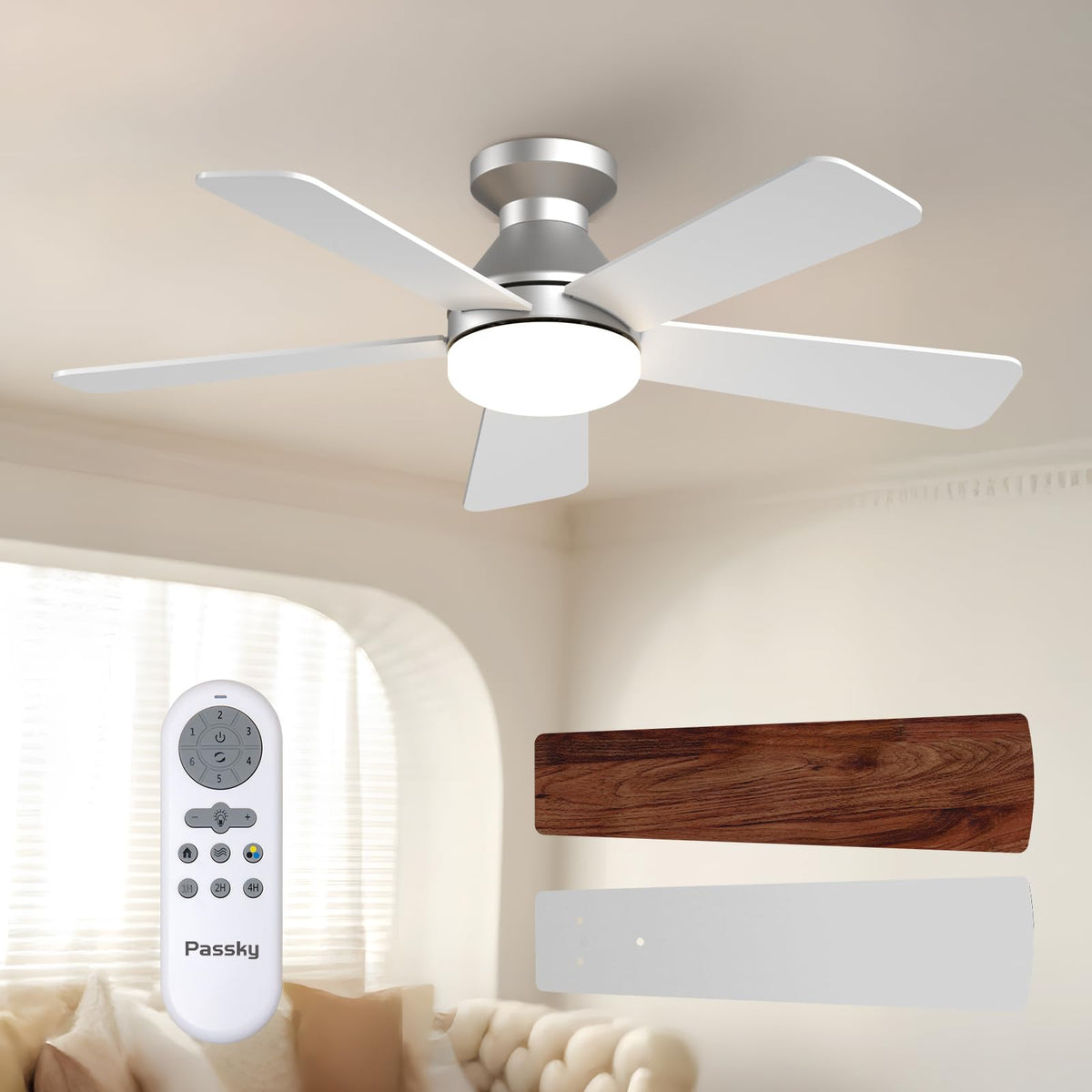 Passky 52 Inch Black Low Profile Ceiling Fans with Lights and Remote | Flush mount, 3-color dimmable light, quiet reversible DC motor, easy install, memory, APP, bedroom, covered outdoor areas