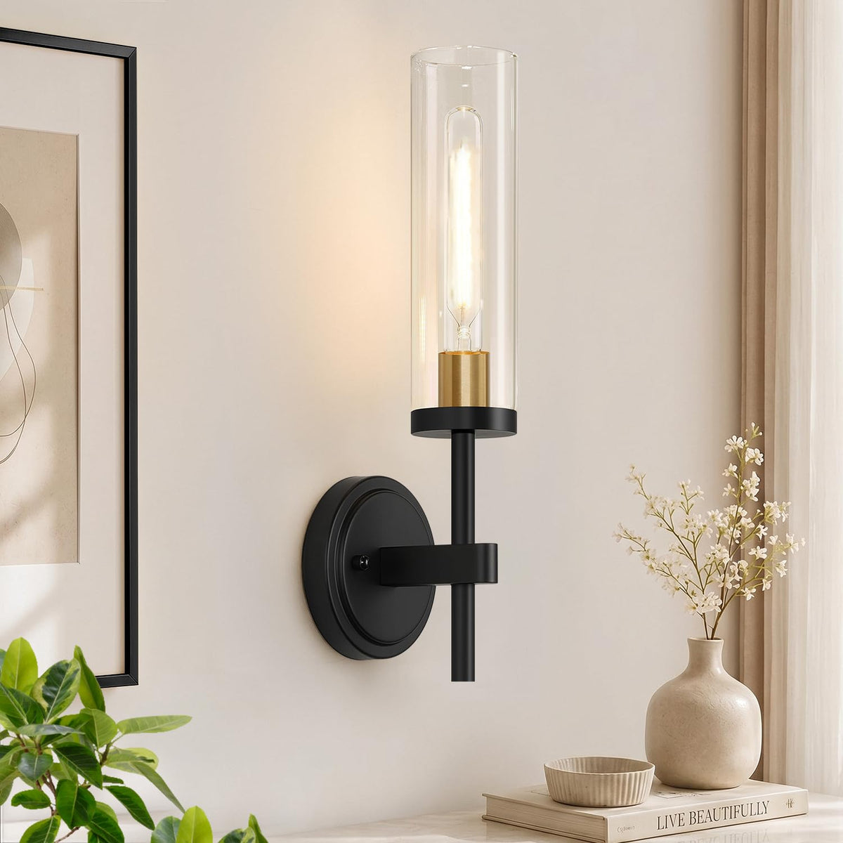 [Hardwired] Wall Sconces Set of Two, Brushed Gold Bathroom Sconces with Clear Glass, Modern Wall Light Fixtures for Bathroom Mirror Vanity, Living Room, Bedroom, Hallway, Stairway, Cabinet, Foyer