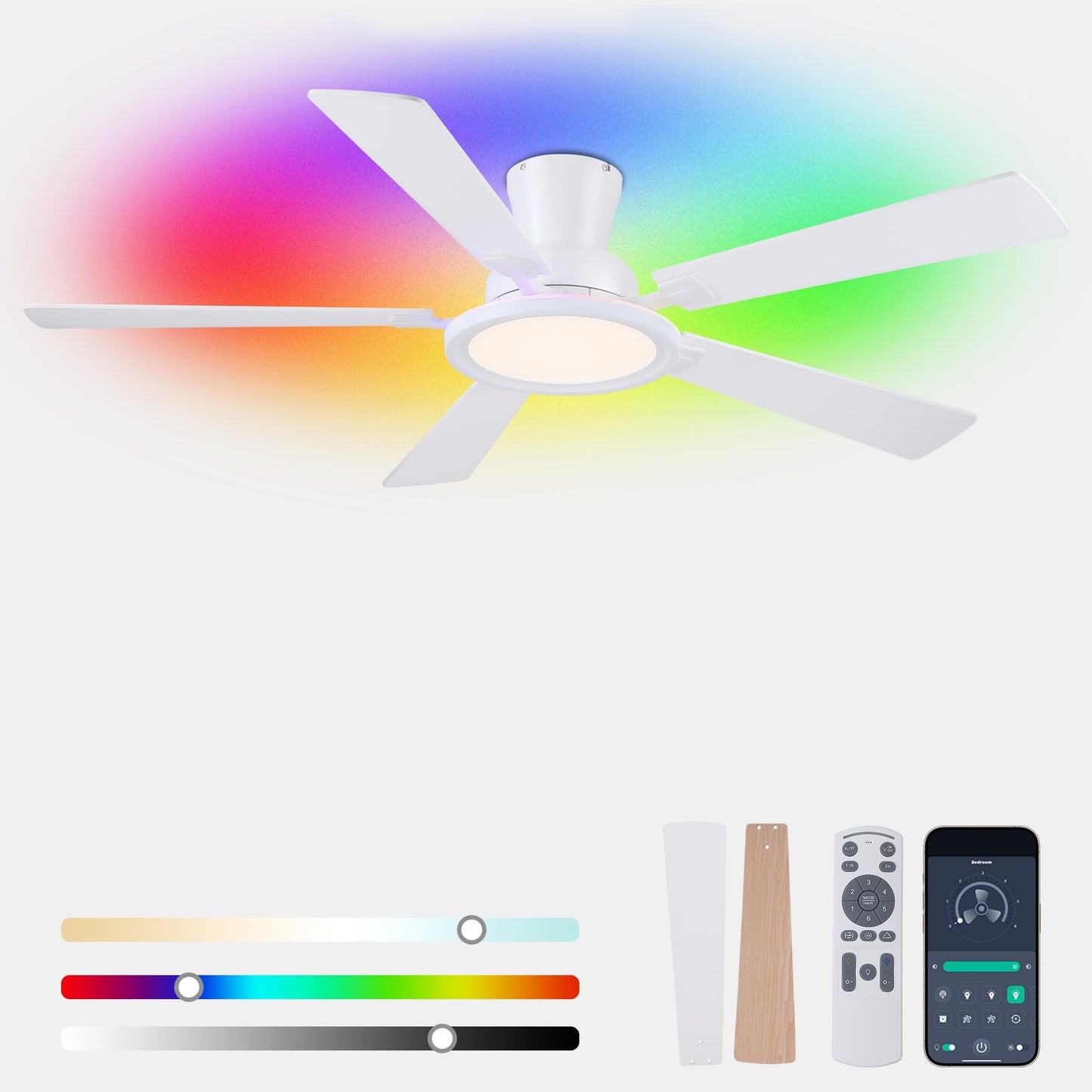 Ayaoty Ceiling Fans with Lights - 52in Flush Mount Ceiling Fan with RGB Dimmable, 3CCT 6 Wind Speeds and Reversible Quiet Motor, Low Profile RGB Fan Light for Modern Indoor, Party - Black