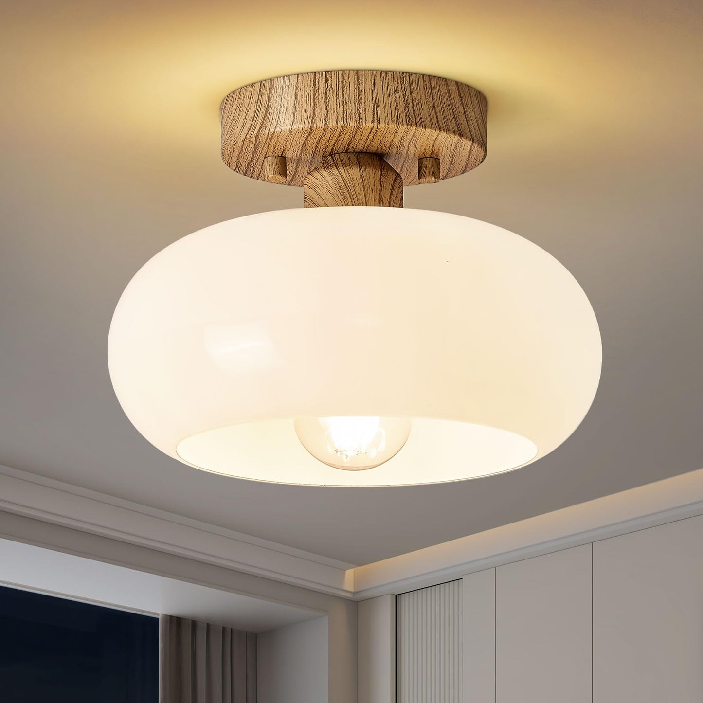 WOKNOS Mid-Century Modern Gold Semi Flush Ceiling Light 11.0 Inch | Small White Glass Shade Close to Ceiling Lighting Fixture For Kitchen Entryway Hallway Bathroom Closet Bedroom Laundry Room