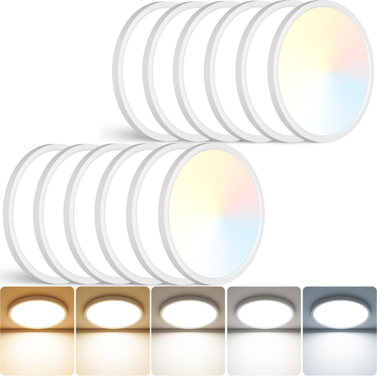 12Inch LED Ceiling Light Flush Mount, 5CCT 3000K-6500K Adjustable Ceiling Light Fixture, 2400LM 24W Bright White Flat Lighting Fixture for Hallway Kitchen Bathroom Bedroom, 6Pack