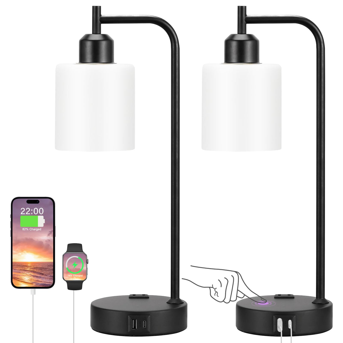 Industrial Touch Lamps for Nightstand Set of 2, 3-Way Dimmable Bedside Lamp | Glass Shade, USB C+A Charging Port & Outlet, Black Desk Lamps for Bedroom, Living Room, Home Office, Reading