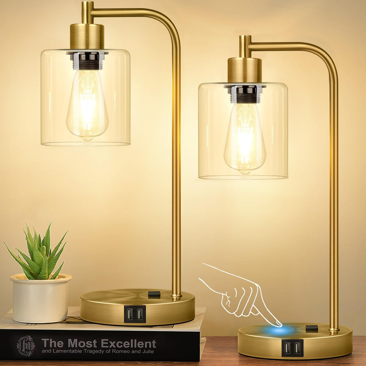 Set of 2 Industrial Touch Control Table Lamps with USB C+A Ports and AC Outlet - 3-Way Dimmable Black Bedside Lamps Nightstand Desk Lamps for Bedroom Living Room, Glass Shade & 2 LED Bulbs Included