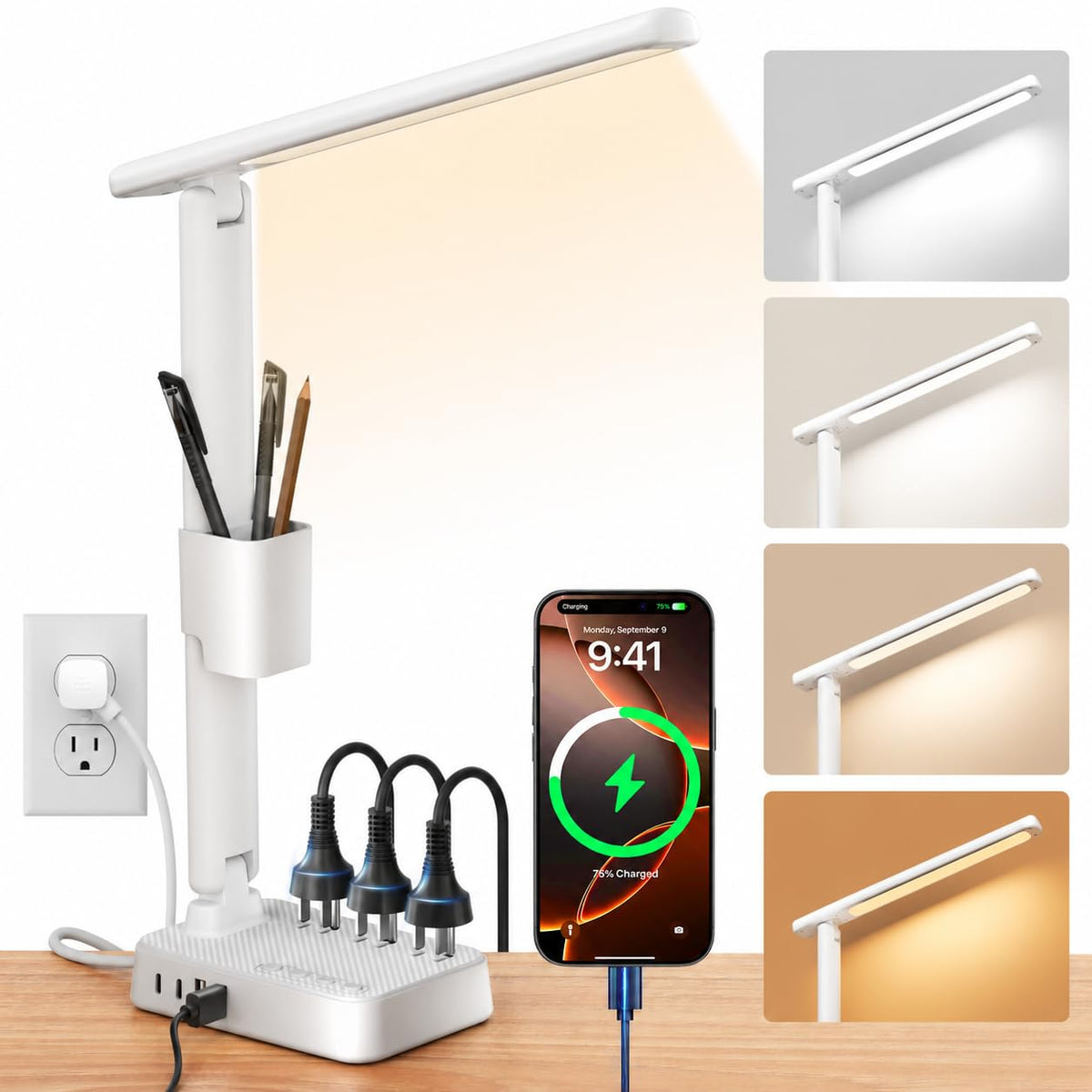 LED Desk Lamp with Power Strip, 3 AC Outlets, 4 USB Ports, Stepless Dimming | 2800K-6500K Color, 2 USB-C, Foldable Design, Timer & Memory, Study, Home Office & College Dorm