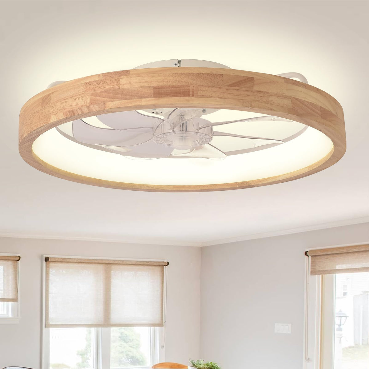 20" Modern Low Profile Flush Mount Wood Ceiling Fan with Light | Remote/APP, timer, memory, reversible, dimmable LED, 6 speeds; for bedroom, living room.