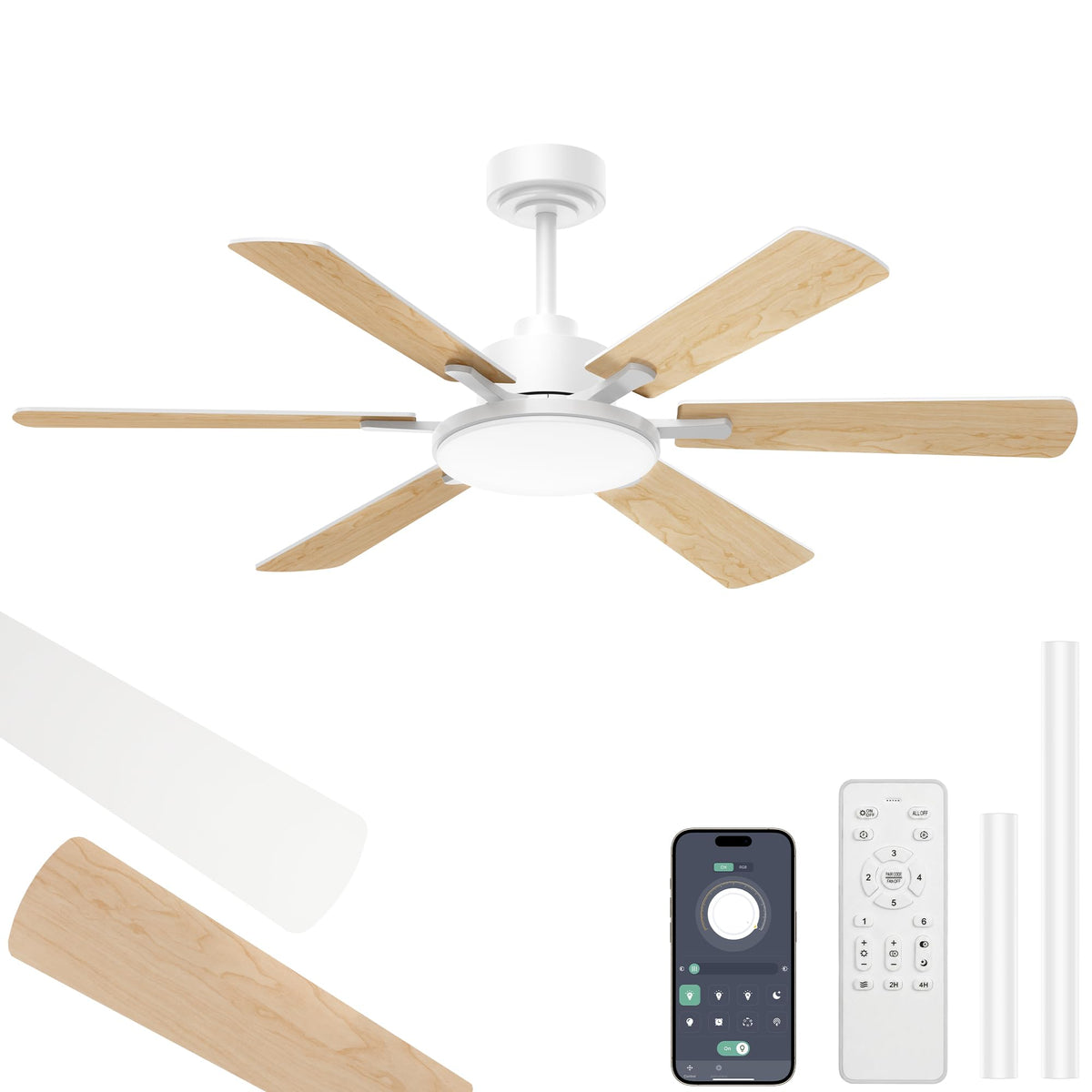 52'' Ceiling Fans with Lights and Remote Control for Living Room | 6 Blades, 6 Speeds, MAX 5600 CFM, Remote&APP Control, 3CCT Dimmable LED, All Metal Body, Memory Function, Reversible DC Motor