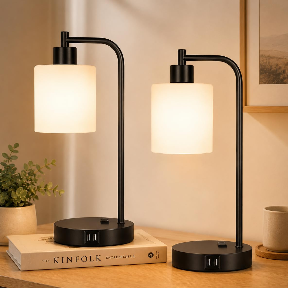 Set of 2 Industrial Touch Control Table Lamps with USB C+A Ports and AC Outlet - 3-Way Dimmable Black Bedside Lamps Nightstand Desk Lamps for Bedroom Living Room, Glass Shade & 2 LED Bulbs Included