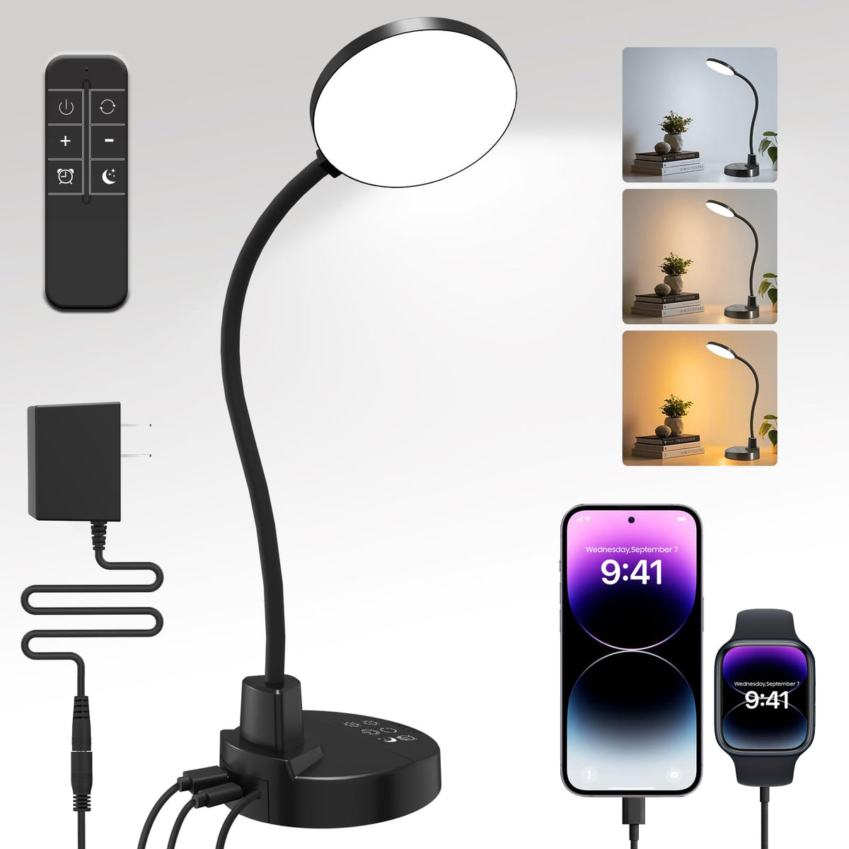 15W LED Desk Lamp with USB Charging Ports – Dimmable Table Lamp with 3 Color Temps, 5 Brightness, 4 Timers, Flexible Gooseneck Light with Base, Eye-Caring Reading Light for Home Office, Bedroom, Study