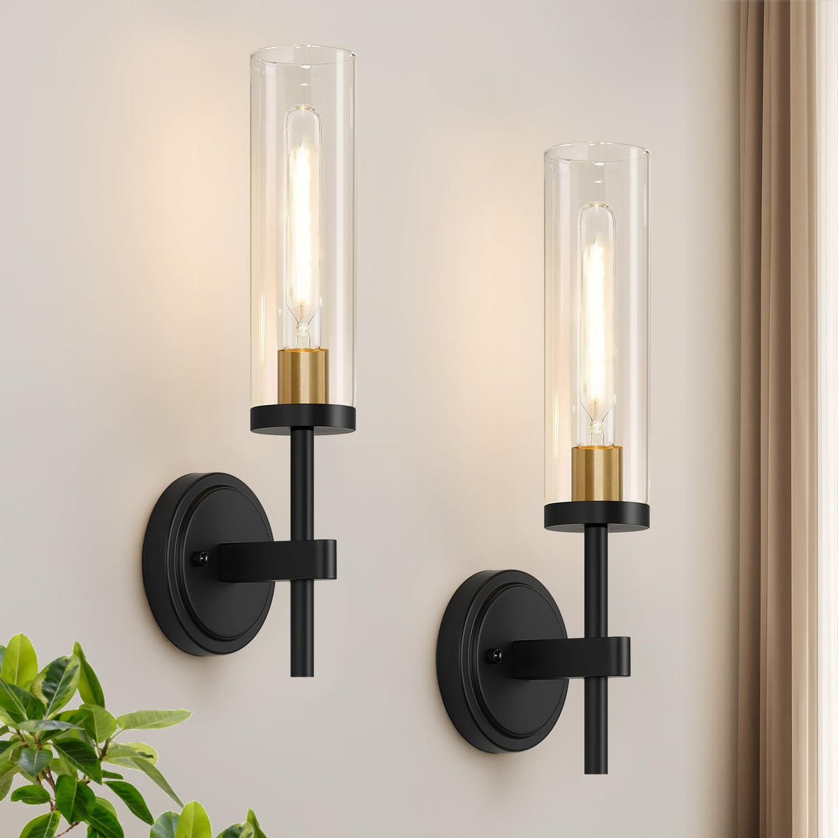 [Hardwired] Wall Sconces Set of Two, Brushed Gold Bathroom Sconces with Clear Glass, Modern Wall Light Fixtures for Bathroom Mirror Vanity, Living Room, Bedroom, Hallway, Stairway, Cabinet, Foyer