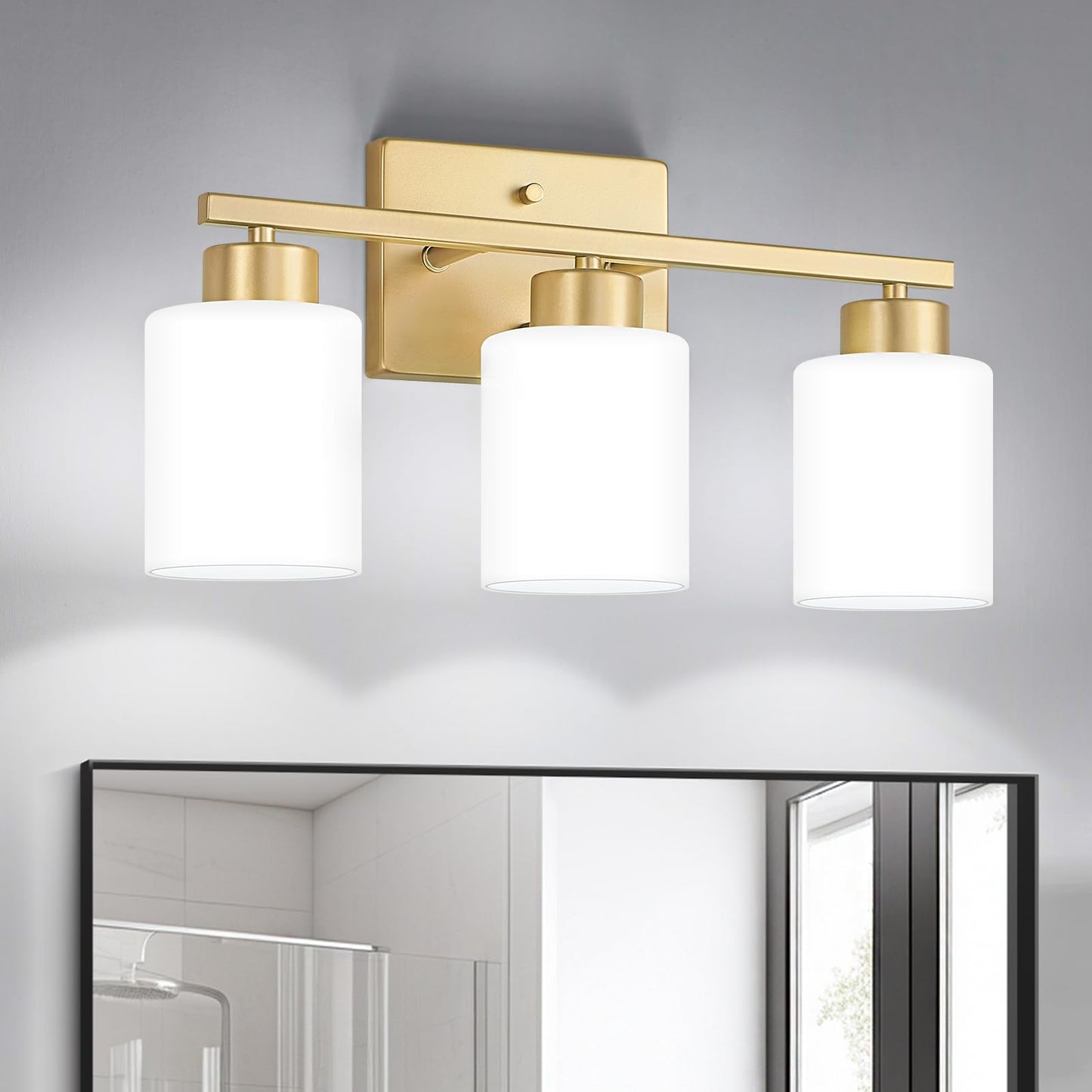 FonmYim Brushed Nickel Bathroom Light Fixtures Vanity Lights Over Mirror | Modern 3-Light lighting fixtures for bathroom with Milky White Frosted Glass Shades, E26 Socket (Bulbs Not Included)
