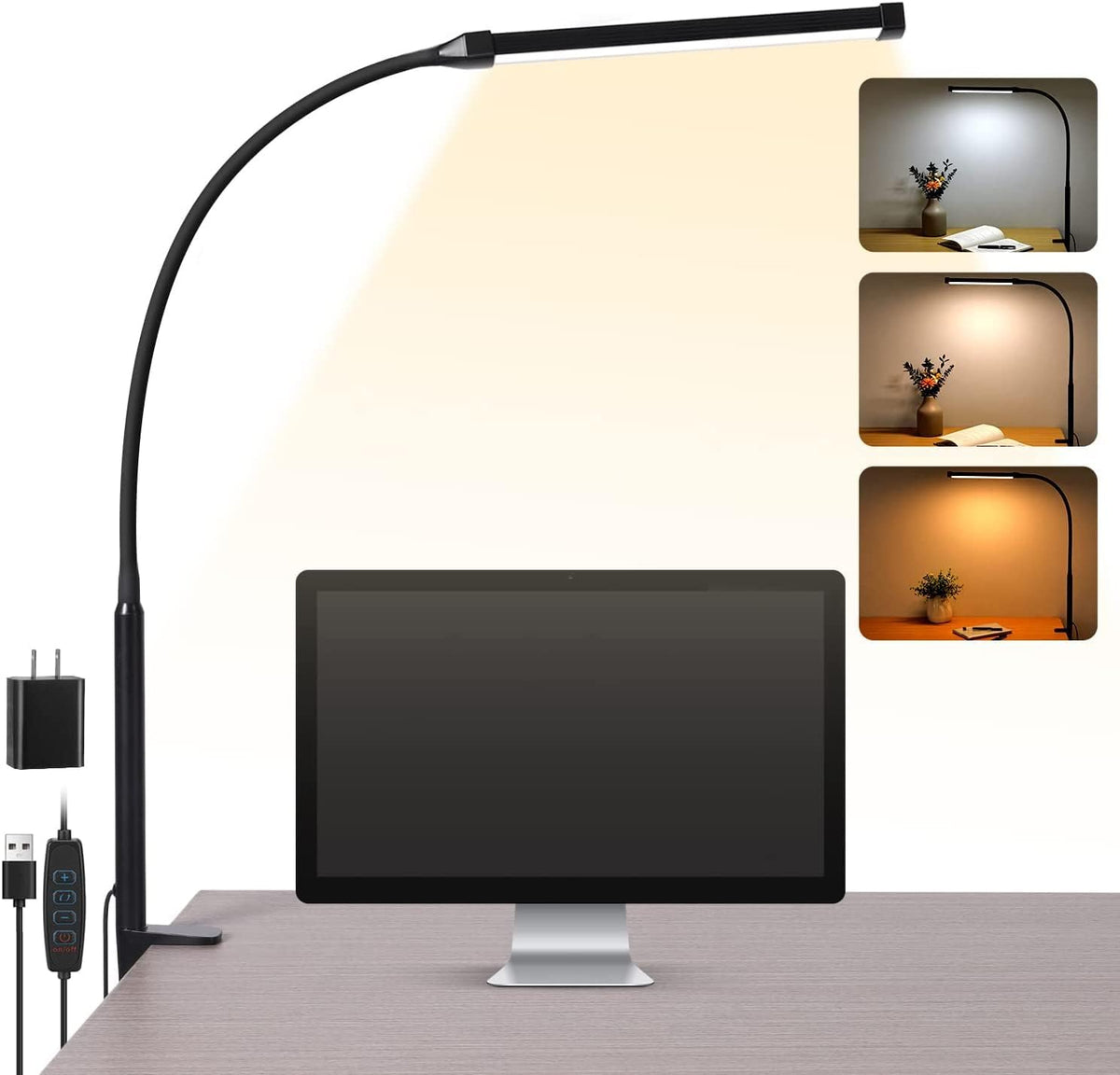LED Desk Lamp with Clamp, Clip on Lights for Home Office, White | 3 Modes 10 Brightness, Long Flexible Goose-Neck, Eye-Caring, Memory Function, Energy Efficient, USB Adapter, Metal