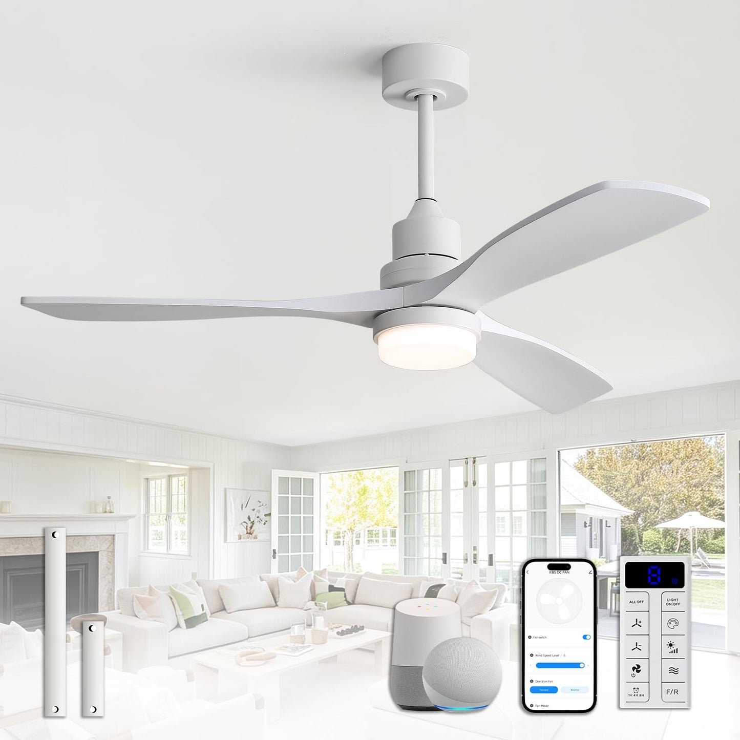 Sofucor 52 Inch Wood Ceiling Fans with Lights and Remote, Indoor/Outdoor | Modern, 3 Blade, Quiet Reversible DC Motor, 3CCT Dimmable, 6 Speeds, Timer, Bedroom/Living Room/Patio/Kitchen, Natural Wood