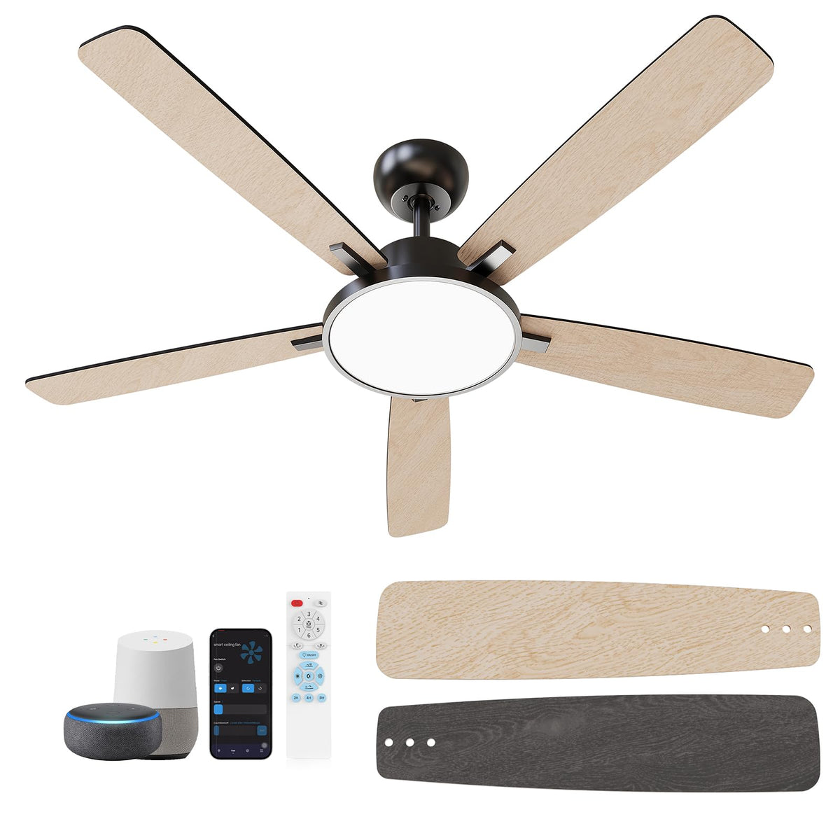 TALOYA 52 Inch Black Ceiling Fans with Lights Led Remote Control Flush Mount Low Profile for Bedroom Living Dining Room Outdoor Farmhouse Patio,Reversible,DC Motor,Diammable,Buzzer ON/Off,5 Blades