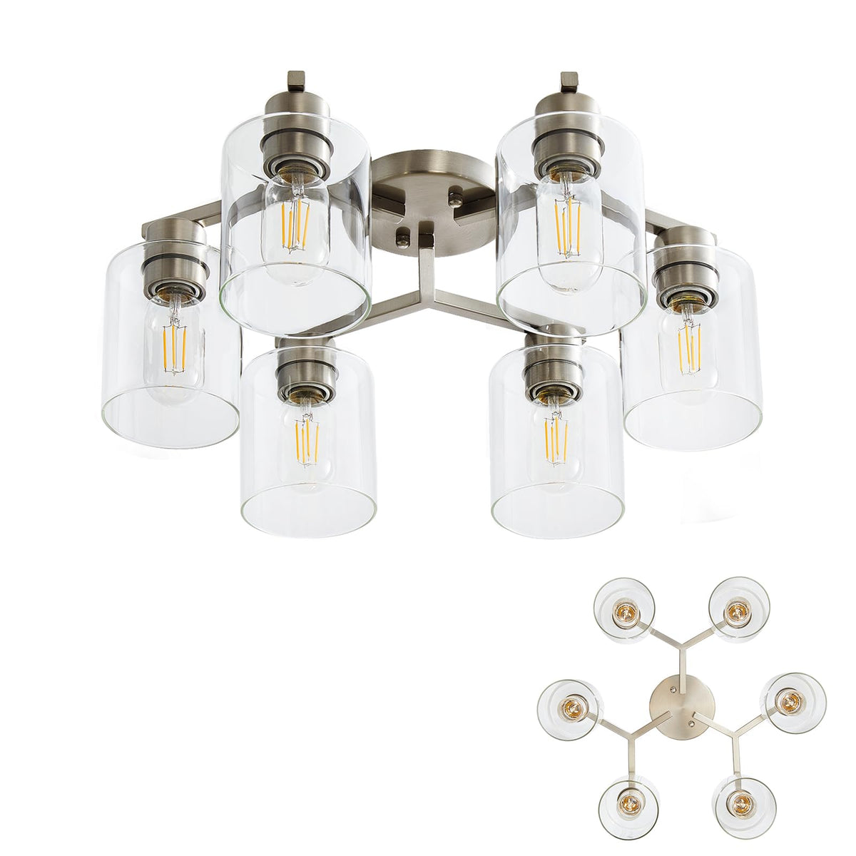 Semi Flush Mount Ceiling Light Kitchen Lighting Fixtures Ceiling Brushed Nickel Kitchen Cieling Light Fixtures with Clear Glass Shade for Dining Room Bedroom Living Room Hallway E26 Scoket