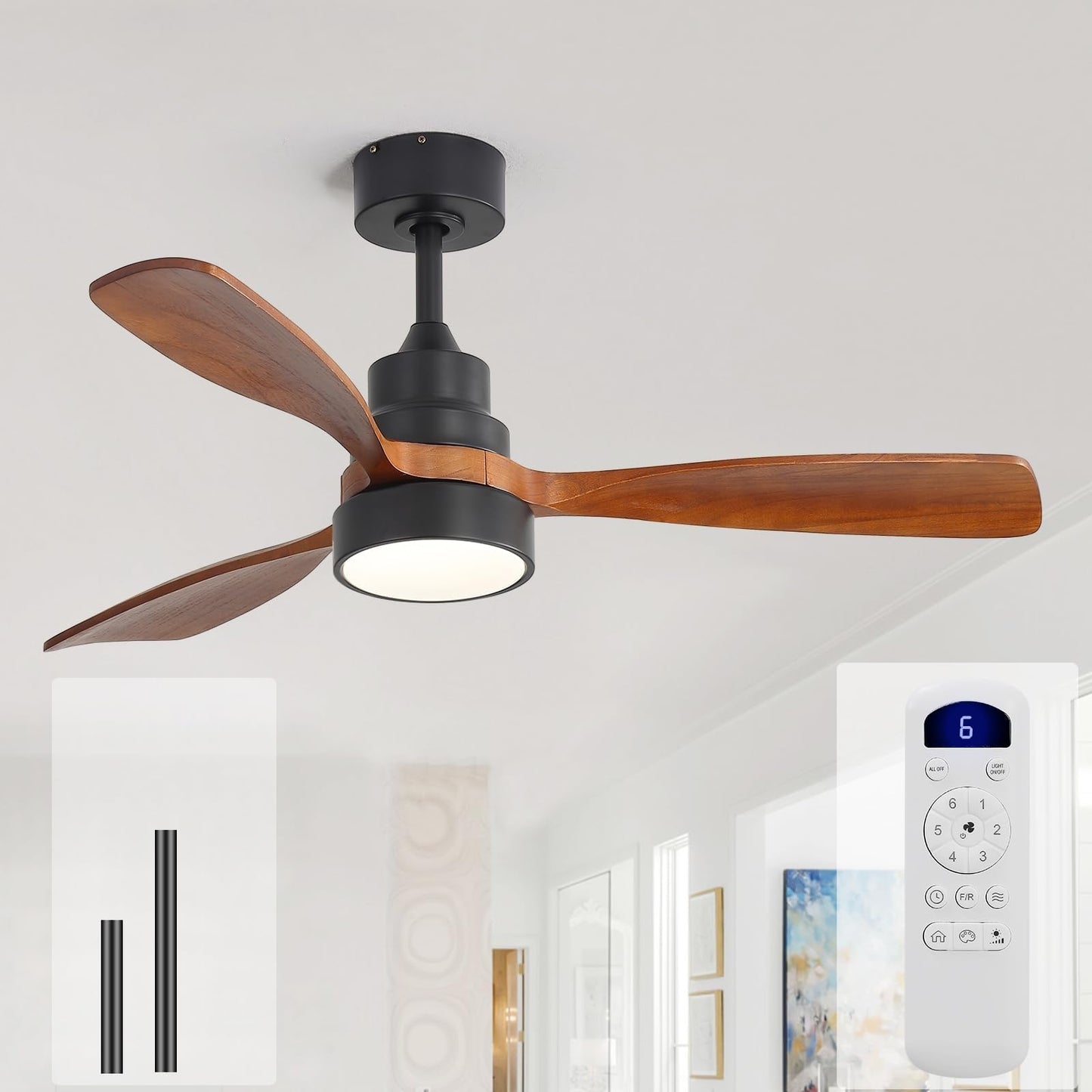 Sofucor 52 Inch Wood Ceiling Fans with Lights and Remote, Indoor/Outdoor | Modern, 3 Blade, Quiet Reversible DC Motor, 3CCT Dimmable, 6 Speeds, Timer, Bedroom/Living Room/Patio/Kitchen, Natural Wood