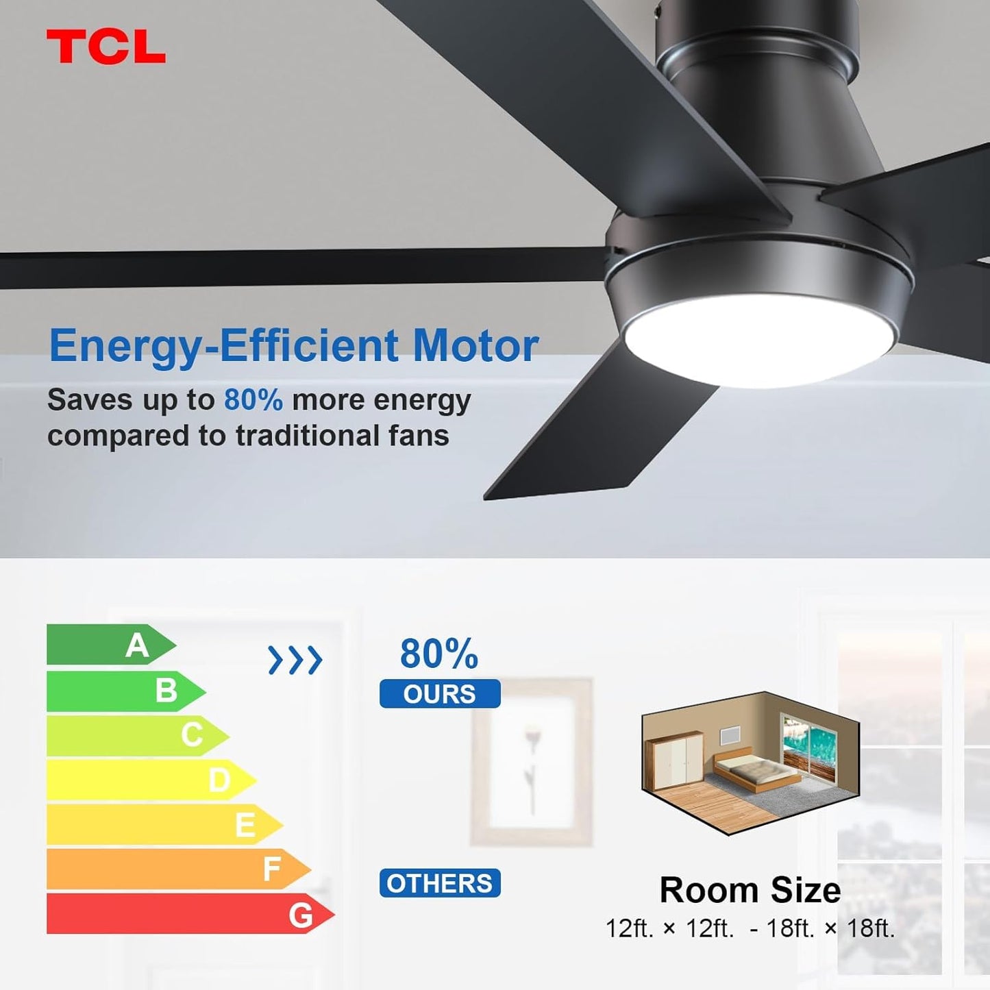 TCL 52" Black Flush Mount Ceiling Fan with Light & Remote | Low profile ceiling fan with quiet 6-speed reversible DC motor. Dimmable LED light. Ideal noiseless fan for bedroom