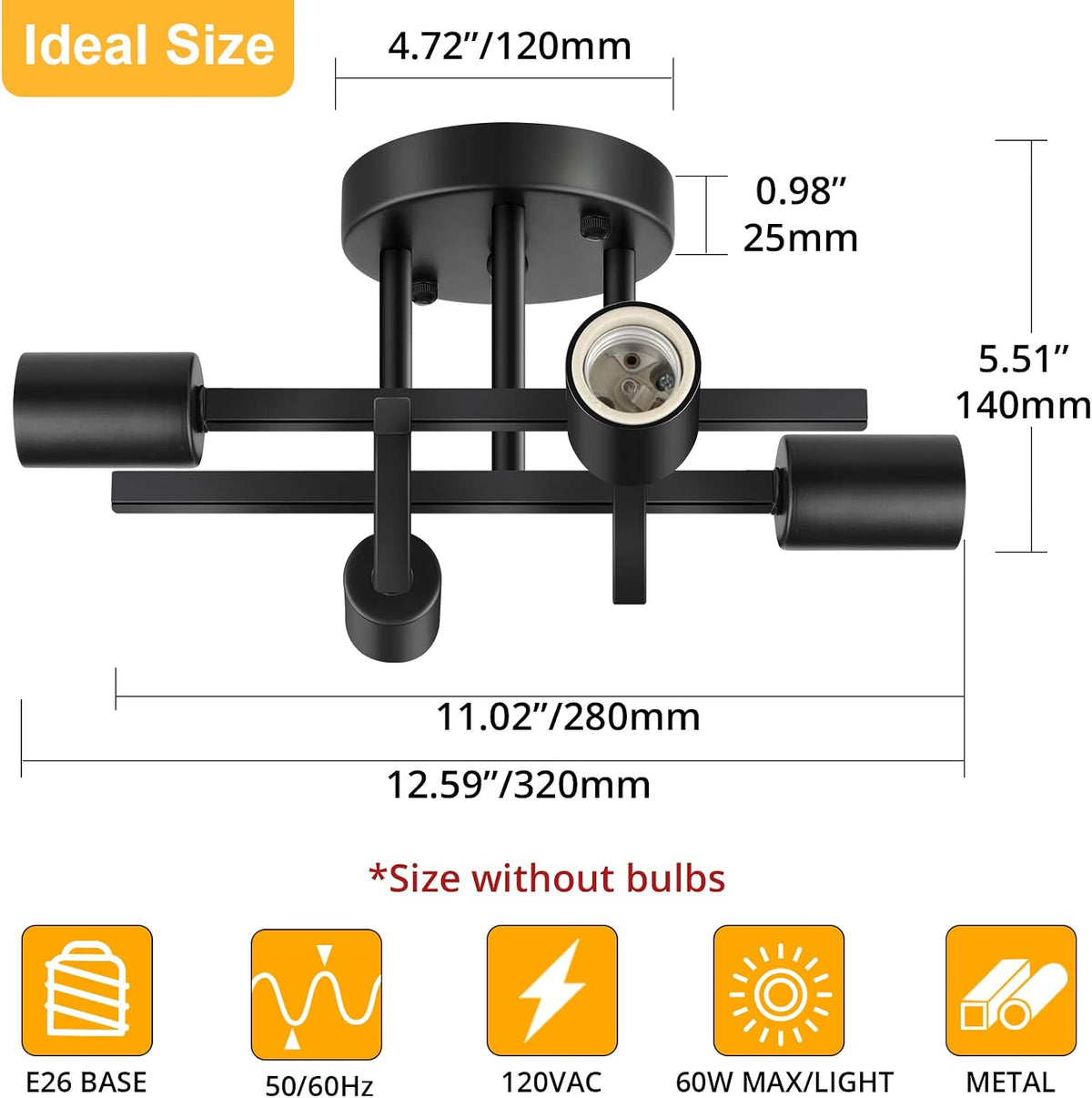 Industrial 4-Light Semi Flush Mount Ceiling Light Fixture, Modern Farmhouse Lights Matte Black, Rustic Sputnik Chandelier for Bedroom Foyer