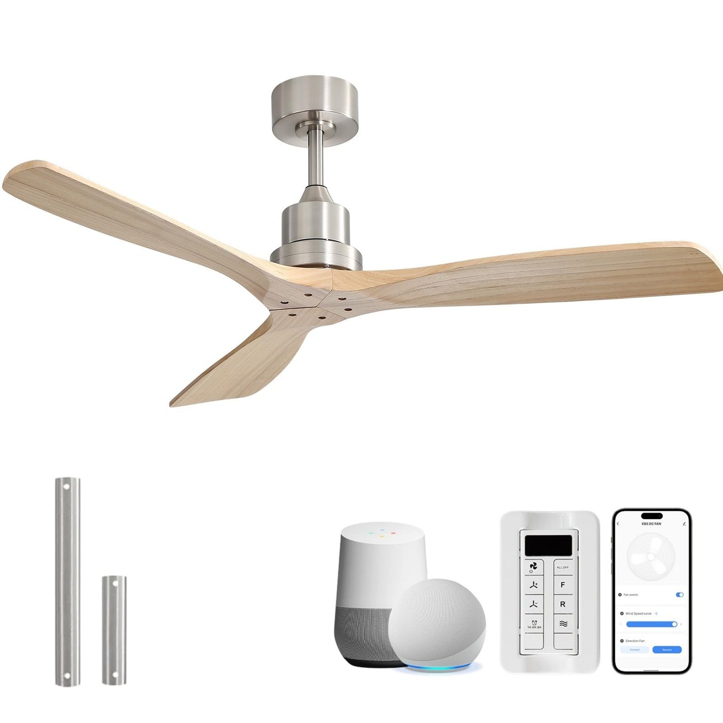 Sofucor 52 Inch Wood Ceiling Fans with Lights and Remote, Indoor/Outdoor | Modern, 3 Blade, Quiet Reversible DC Motor, 3CCT Dimmable, 6 Speeds, Timer, Bedroom/Living Room/Patio/Kitchen, Natural Wood