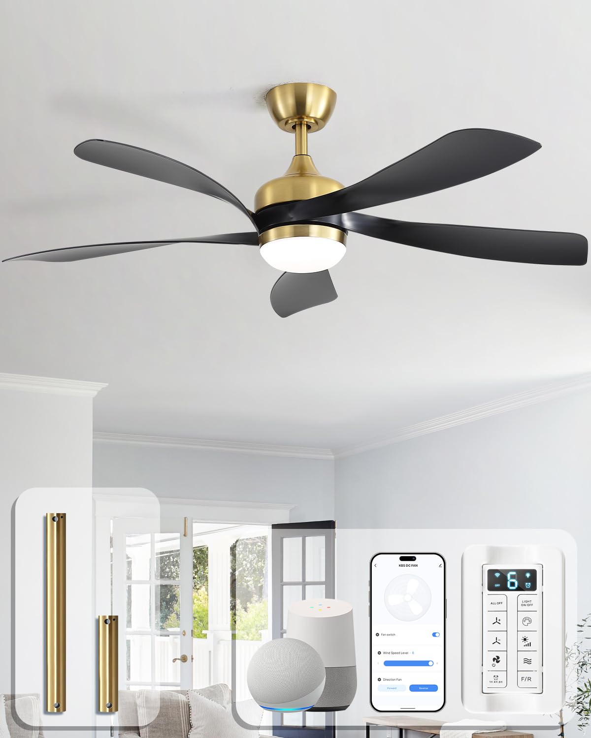 Sofucor 52 Inch Ceiling Fan with Light, 5 ABS Blades Brown | Remote Control Compatible, Reversible Quiet DC Motor, Timer, 6 Speeds, 3-CCT for Living Room Bedroom Patio Farmhouse