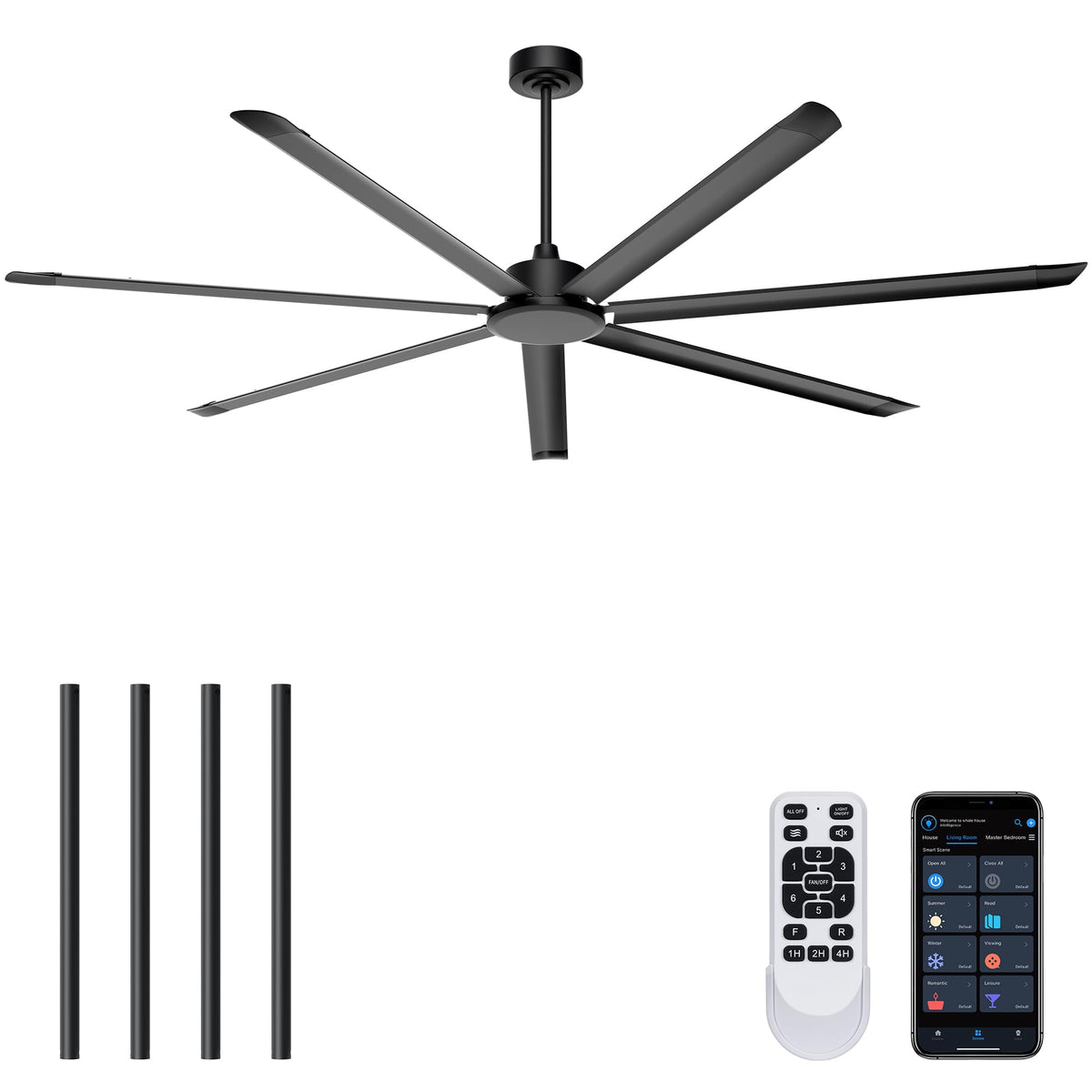 Ohniyou 60'' Industrial Ceiling Fan with Light for Patio, Porch, Black | 6800 CFM Airflow, 35dB DC Motor, 5 Aluminum Blades, 3CCT Dimming, Remote/APP Control, Covered Outdoor Metal Fan
